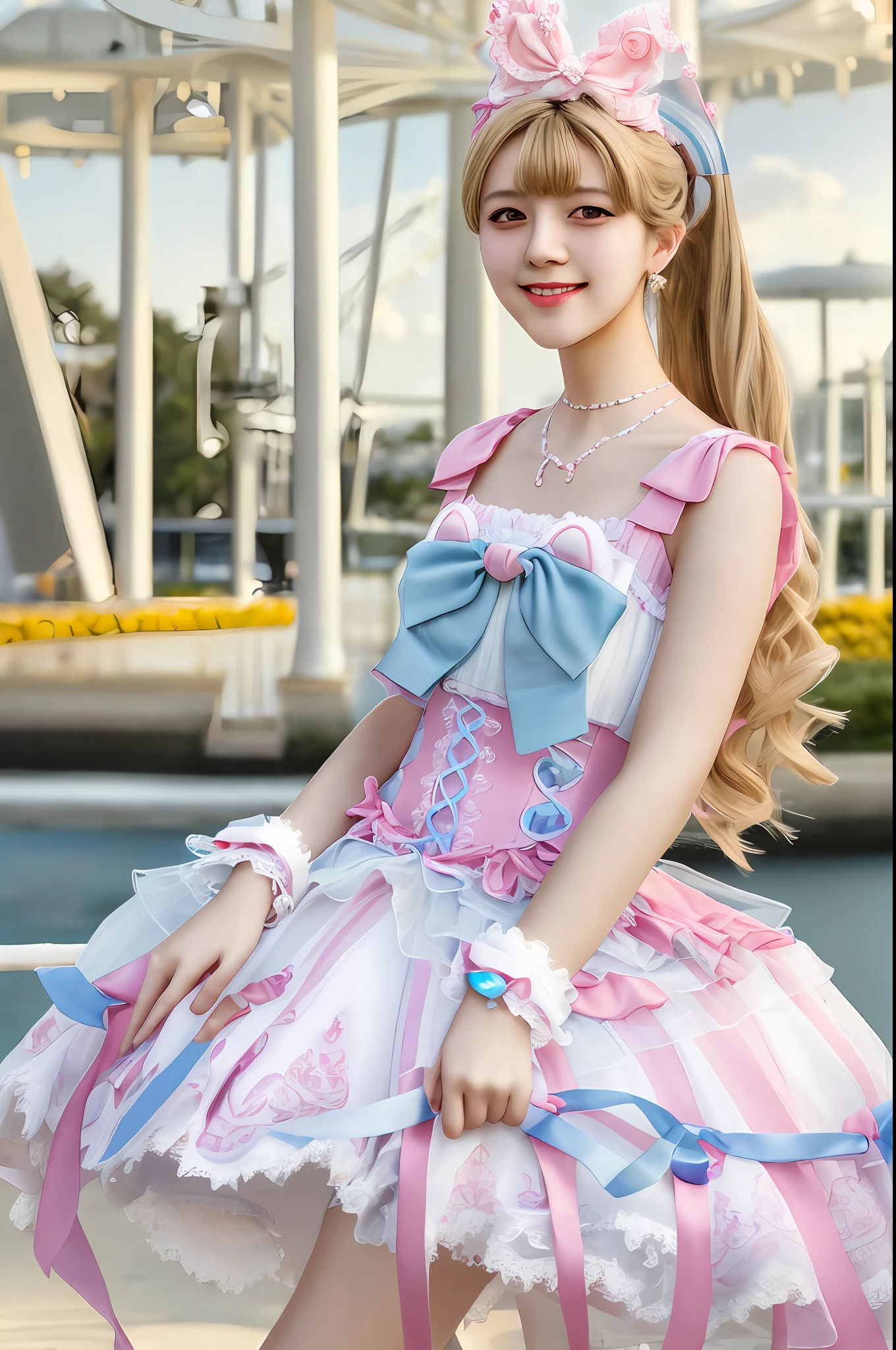 1girl, solo,mix4, (realistic:1.1), (photorealistic:1.1), (masterpiece:1.1), (best quality:1.1), ultra detailed, looking at viewer, smile,sweet_lolita,standing , natural lighting, depth of field, (pureerosface_v1:0.8), amusement park in the background,(night),