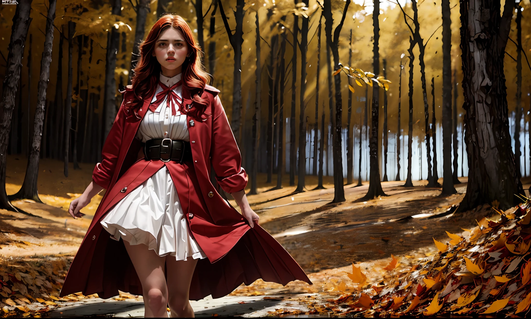 Joven joven caperucita roja extremadamente hermosa sutil, Hora dorada, fotorrealista, alto contraste, 8k HD, Detallado, hiperdetallado, textura realista de la piel, cubierto con capucha roja, pecho grande, La mejor calidad, ultra-high-resolution, Foto RAW, Dramatic lighting, Motor irreal, Brillo difuso, Intrincada capucha roja, Al aire libre, Bosque oscuro detallado realista, falling leaves, brisa, (sosteniendo el collar de lobo)