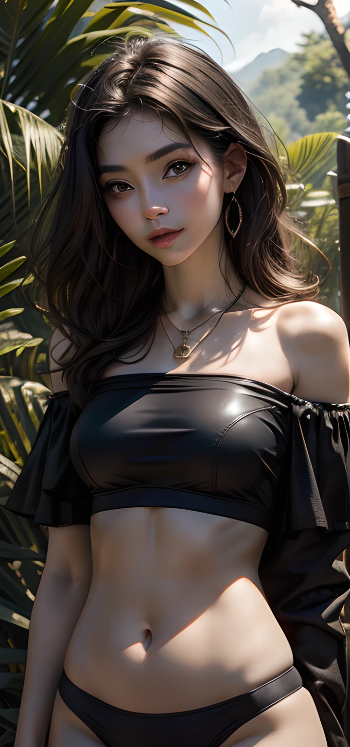 beste-Qualit, tmasterpiece, hight resolution, tmasterpiece, beste-Qualit, 1 girl, Aqua-colored eyes, black hair, closed mouth, multicolored background, looks at the viewer, exteriors, 独奏, upper-body, winning, clean, beatiful face, Face Clean, pale skin, sexypose,(( topic , off-shoulder, bellybutton, briefs)), hairlong, ((perfect female figure)) Jisoo, seductive, Very detailed, beste-Qualit, tmasterpiece, hight resolution, Original, extremely detailed 8K wallpaper ,tmasterpiece,beste-Qualit,illustartion,beautifully detailed eyes,电影灯光, hair ornament, necklace, ornaments, beatiful face, on body, Tyndall effect, Photorealistic, An oasis in the jungle,