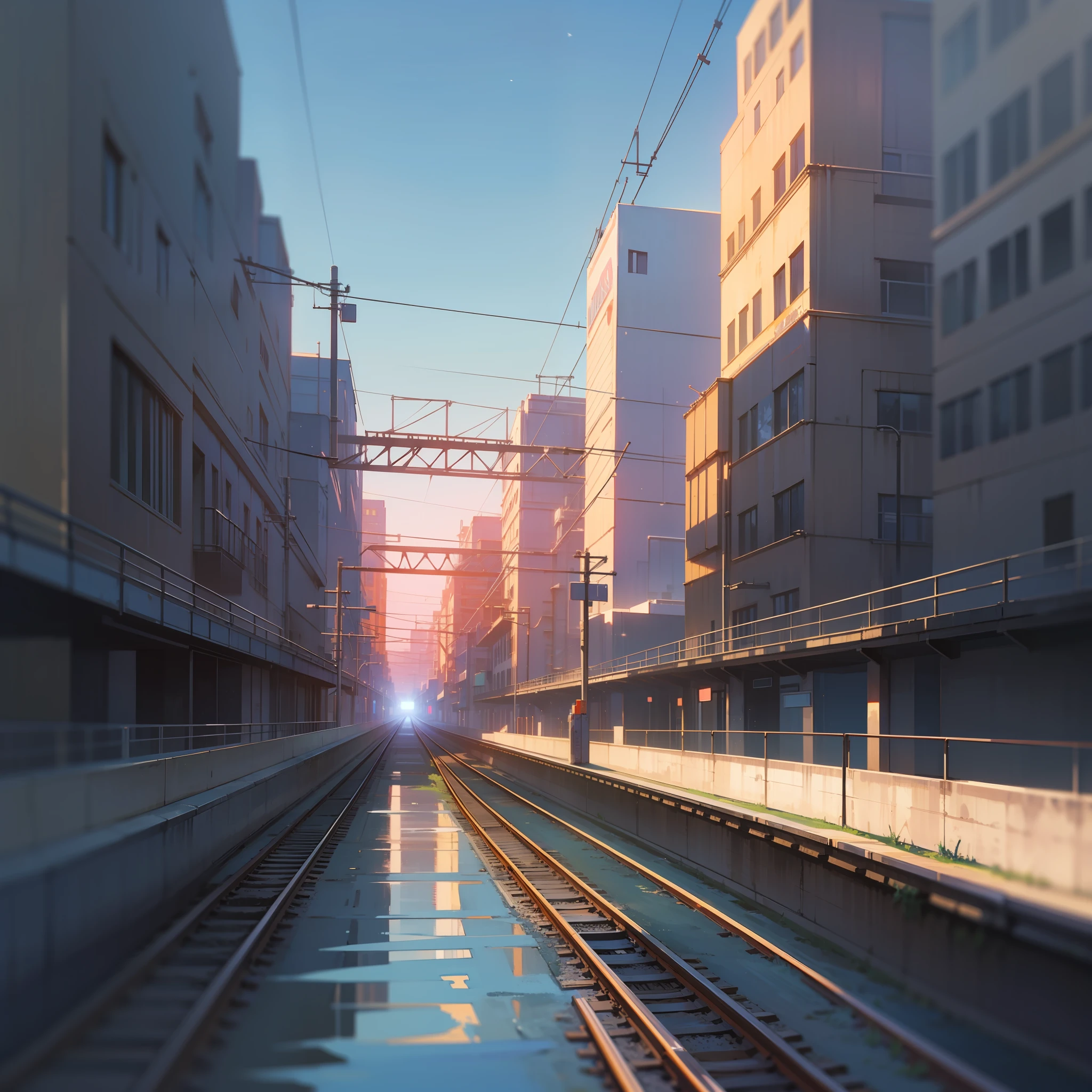 anime train on tracks passing over a body of water, lofi artstyle, reflections. by makoto shinkai, lofi art, beautiful anime scene, anime landscape, detailed scenery —width 672, in style of makoto shinkai, style of makoto shinkai, ( ( makoto shinkai ) ), scenery artwork, anime background