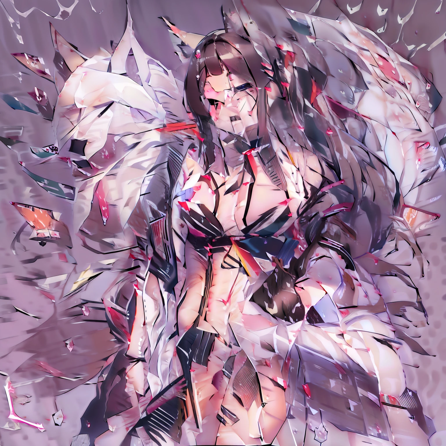 ((Masterpiece)), (Best Quality), Solo, miosha1, hair ornament, ponytail, wolf tail, swimsuit, white shorts, thigh strap, black jacket, leaf print, collar, string bikini, (NSFW:2.0)