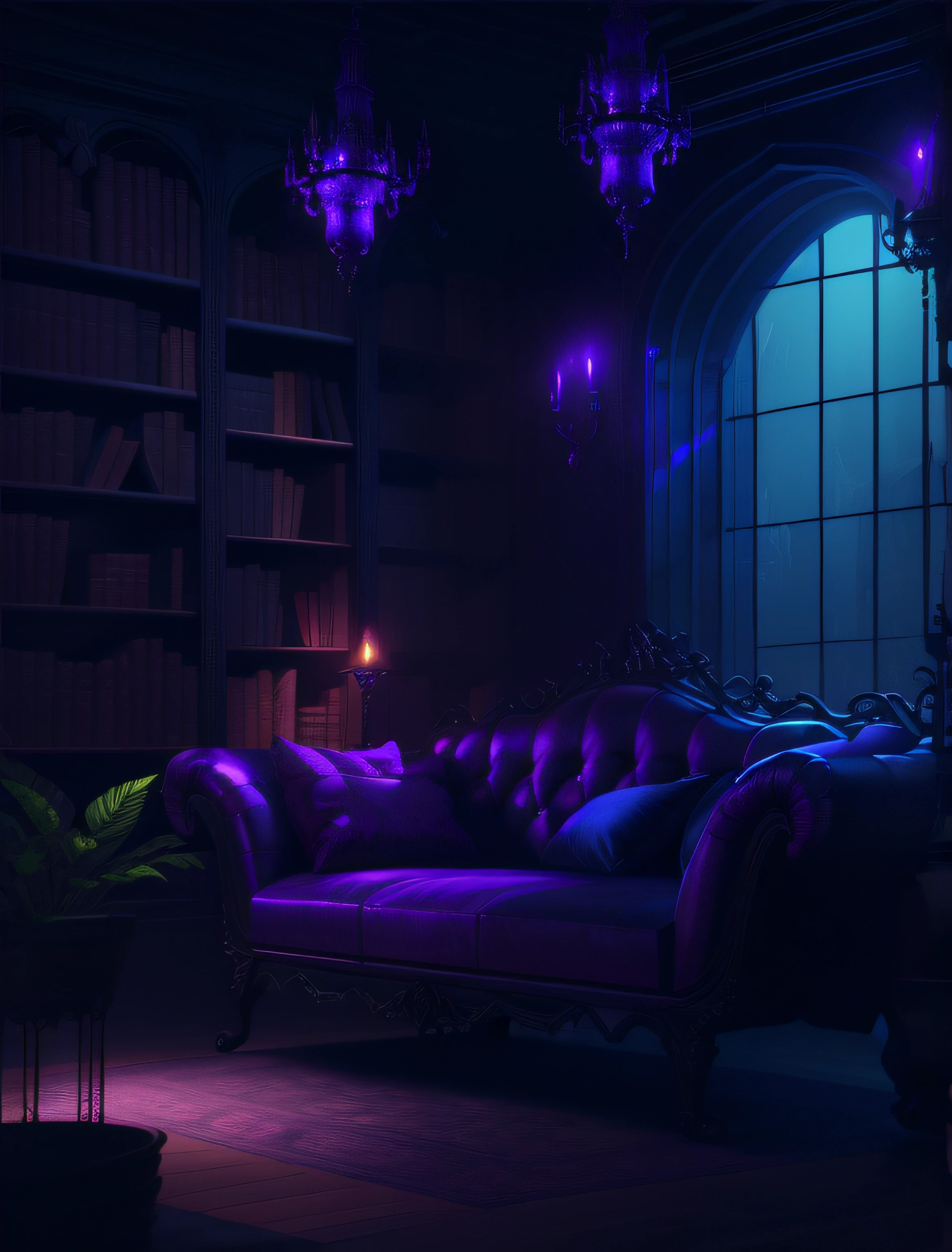 Purple sofa in a dark room with a window and a plant, biblioteca sombria, estilo fantasia 8 k octane render, gothic epic library, gothic epic library concept, biblioteca escura, Fundo da Biblioteca Alquimista, atmosfera sonhadora e drama, atmosfera de fantasia sombria, fantasy atmospheric lighting, dark fantasy setting, retro and fantasy style, 8k arte detalhada de alta qualidade, gothic library, atmospheric fantasy setting