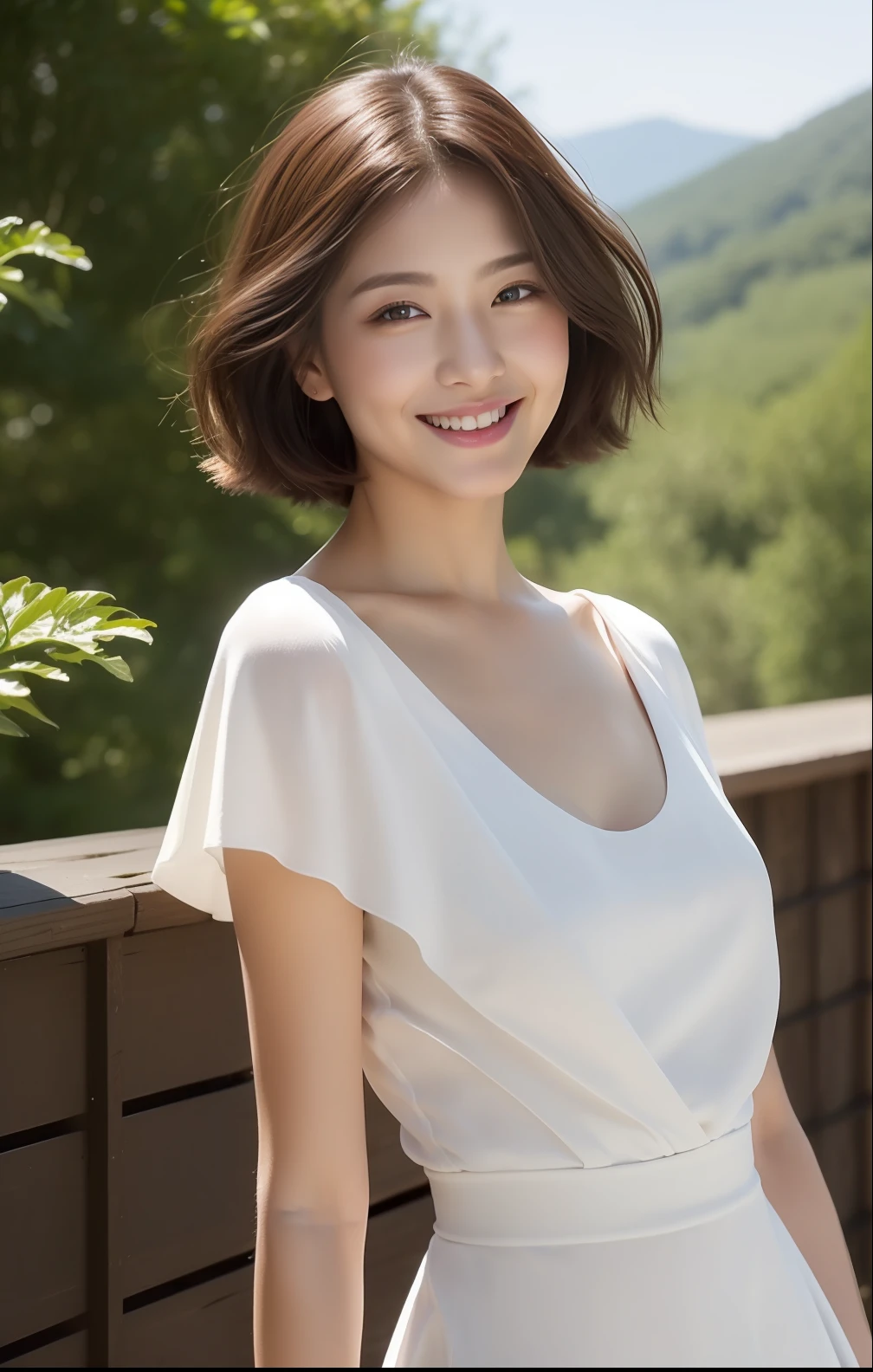 (top-quality、hight resolution、masterpiece)、Beautiful woman with slender figure、(top-quality、hight resolution、masterpiece:1.3)、Beautiful woman with slender figure、Short-cut hairstyles 、Women in Japan 、Pendants、sheer blouset、Ultra mini skirt、plein air、Scenic beauty、lakes and mountains in distant background、Face and skin texture details are beautifully rendered、Eye of Detail、Beautiful woman with a slim figure、outside of house、Beautifully rendered face and skin texture details、二重まぶた、seductive laughter、Pose Seductive