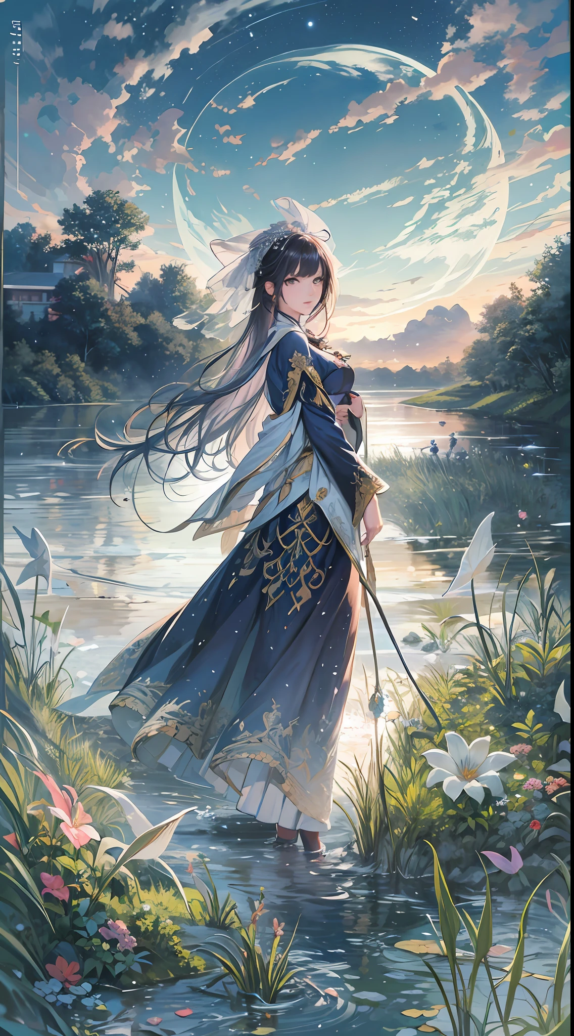 ((best quality)),((masterpiece)),(detailed),(Highly detailed),ultra high res,1girl,mature female,solo,flowing hair,mystical makeup,medium breasts,veil,long robes,vibrant purple cloak,black legwear,hair ornament,brooch,bangle,beautiful and delicate water, the finest grass, very delicate light, nature, painting, water spray, breeze, flowers and grass meadow, near the water edge, (sunset, starry sky in a circle), randomly distributed clouds, river, splashing water, falling petals