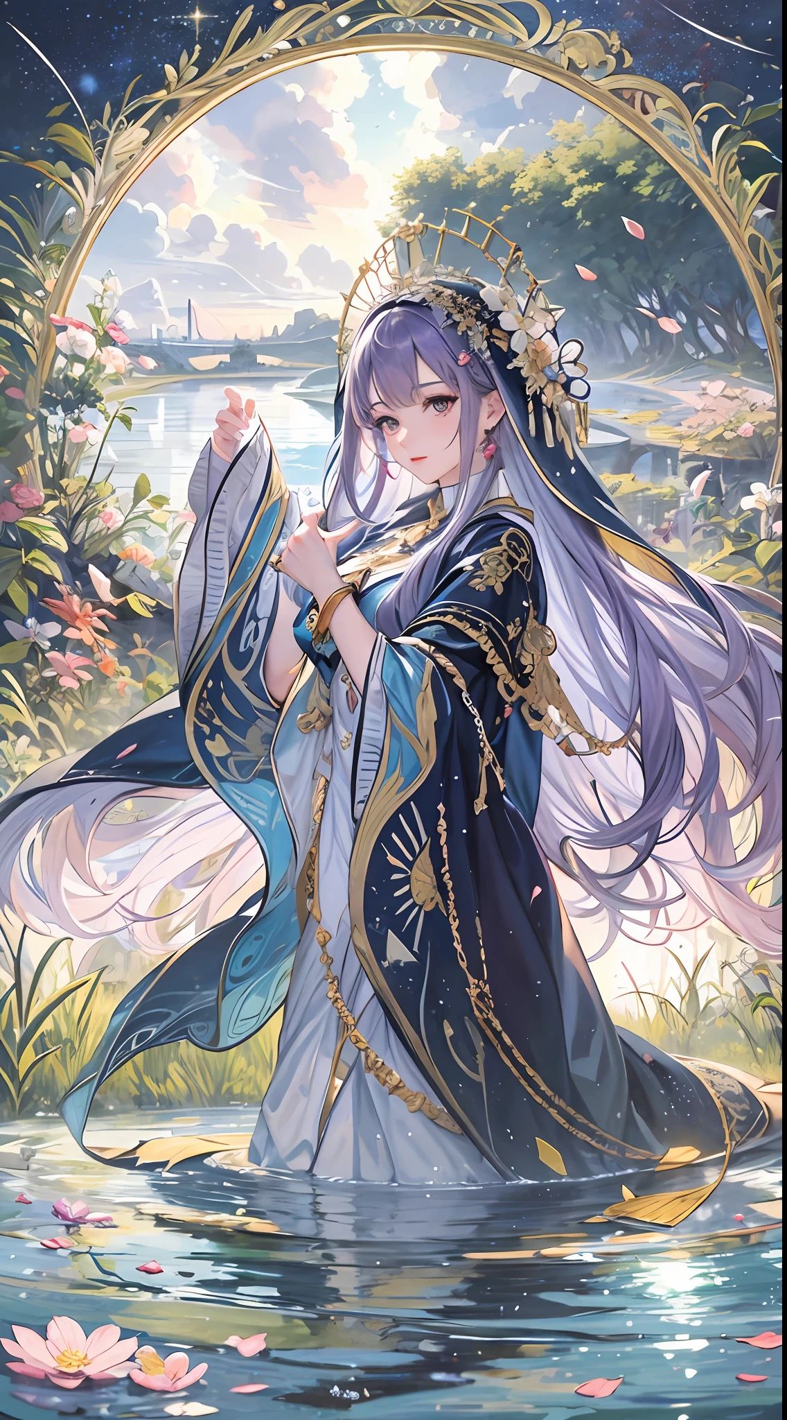 ((best quality)),((masterpiece)),(detailed),(Highly detailed),ultra high res,1girl,mature female,solo,flowing hair,mystical makeup,medium breasts,veil,long robes,vibrant purple cloak,black legwear,hair ornament,brooch,bangle,beautiful and delicate water, the finest grass, very delicate light, nature, painting, water spray, breeze, flowers and grass meadow, near the water edge, (sunset, starry sky in a circle), randomly distributed clouds, river, splashing water, falling petals
