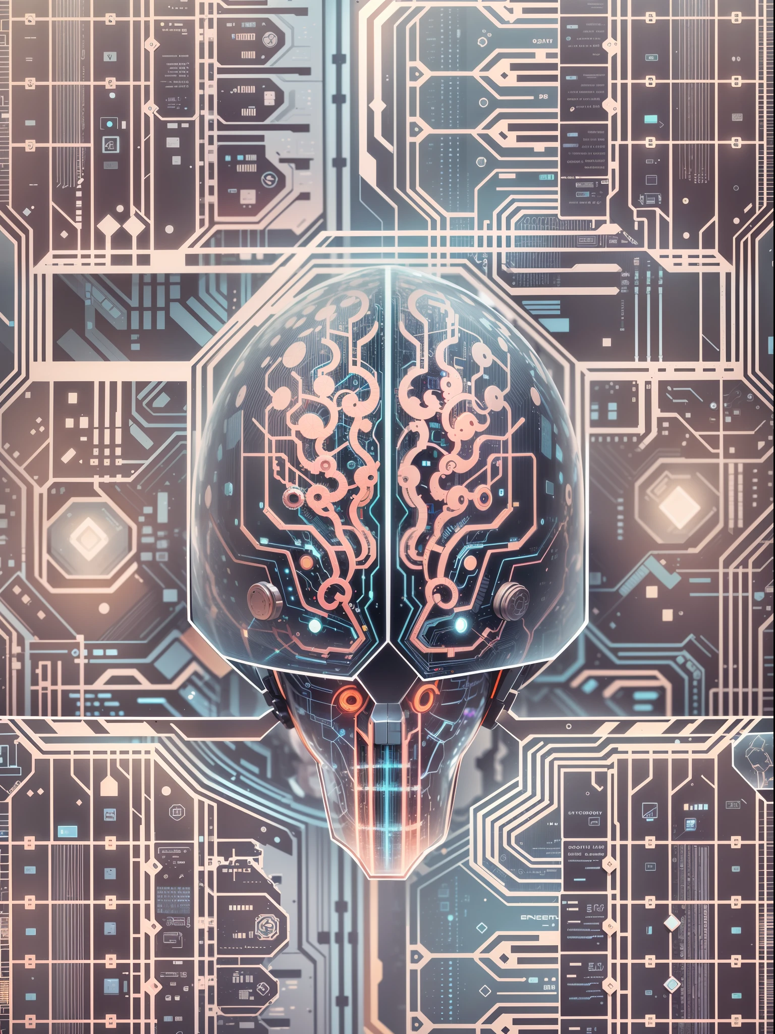 A human brain consisting of a circuit board and a pattern representing AI word processing, sci-fi style,white background,using opaque translucent and transparent structures, clear layers between structures,volumetric light, rich details, organic connection of components, rich colors,(Graphic illustration, geometric shapes, close-ups)