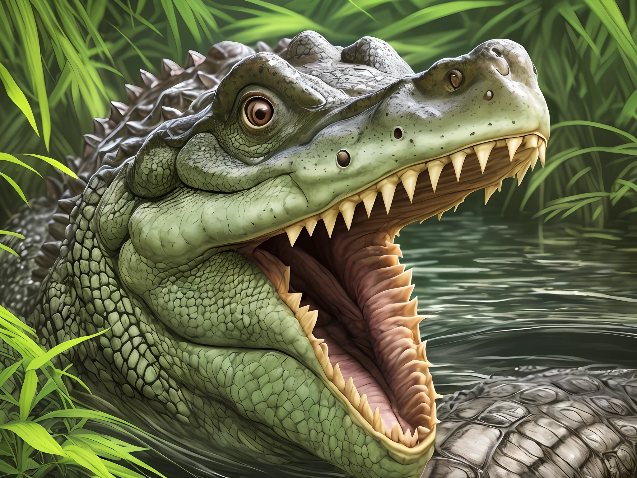 realistic picture, not illustration, a close up of a crocodile with it’s mouth open, crocodile, reptilian, on the edge of the amazon swamp in Brazil --auto --s2