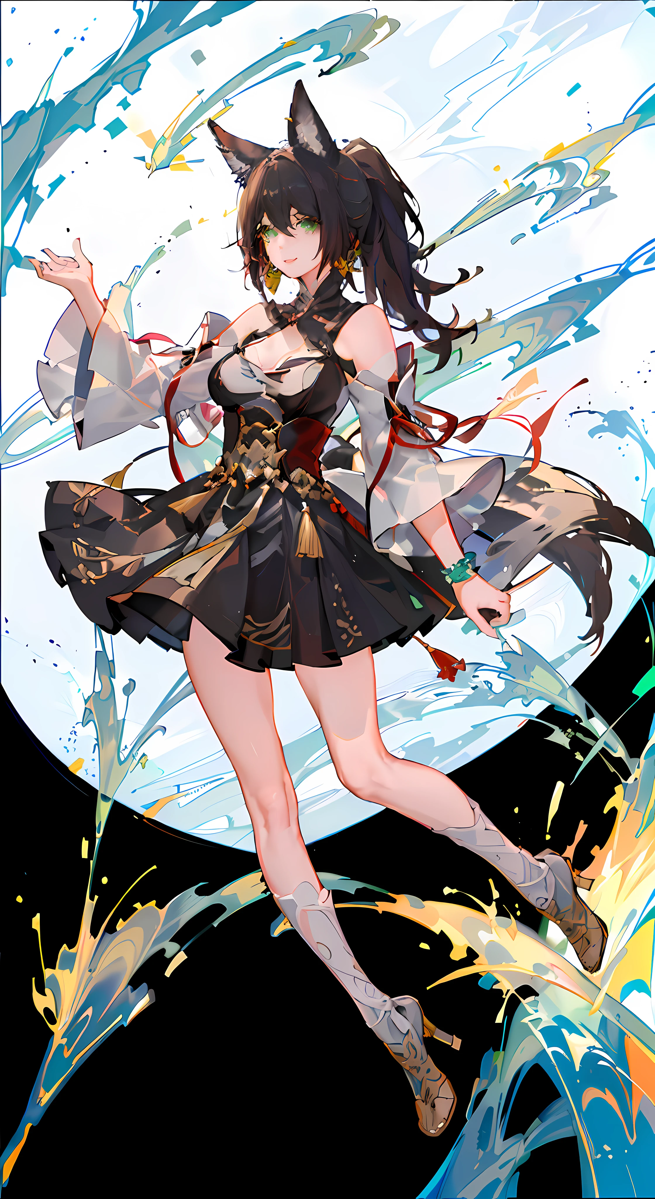 (tmasterpiece,top-quality,best qualityer,offcial art,Beauty and aesthetics:1.2),(flatcolors:1.3),The is very detailed,Detailed face and eyes,cinematric light,sfv,anime big breast,depth of fields, 1girll, Seduction Smile, 独奏, officla, brown hair, Animal ear, pony tails, hair adornments, Green eyes, Red eyeshadow, jewely, Separate the sleeves, mediuml breasts, shift dresses, coda, bangle, One tail, The mouth is slightly open, Chinese style background,blingbling,Wallet,Girl listens to purse,