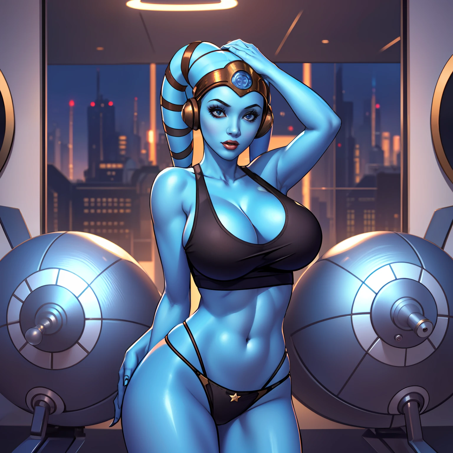 1girl, masterpiece, best quality, high-definition, busty, breasts, ((blue skin), twi'lek), (wearing black tank top, panties, ((busty))), slender body, thin, slim sexy body, slim waist, ((gigantic breasts))), futuristic apartment, Star Wars,