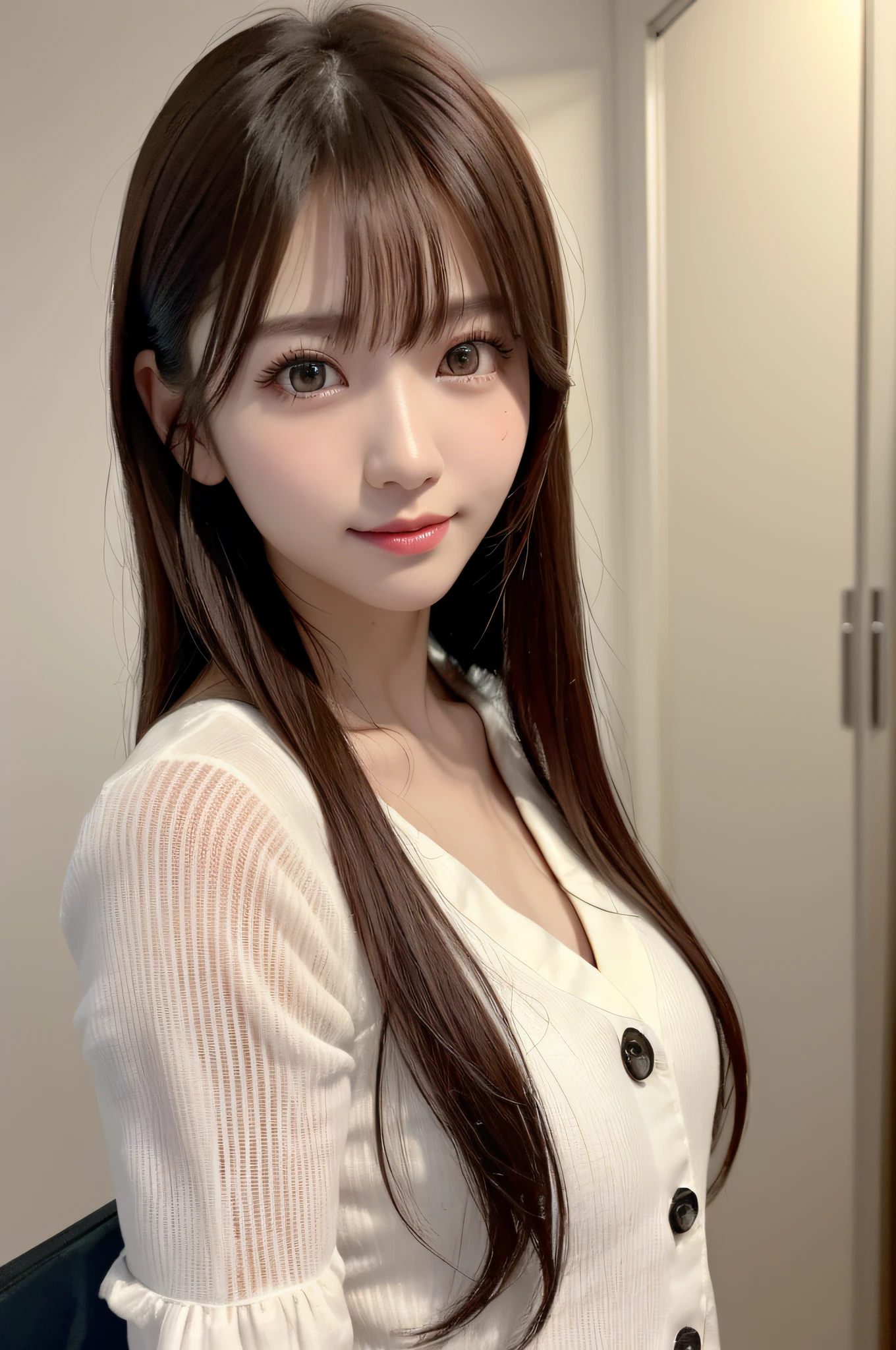 White see-through blouse,Face Interview, (Photo Real:1.4), (hyper realisitic:1.4), (realisitic:1.3), (Smooth lighting:1.05), (Improve video lighting quality:0.9), 1womanl, a 20 yo woman, Realistic lighting, Back lighting, Facial light, raytrace, (cheerfulness:1.2), (Improved image quality:1.4), (Finest Real Textured Skins), finely eye, a small face, Red cheeks, skinny body, medium-breasted pointed jaws,, Korean Idol, Nogizaka Idol, glowy skin, hposing Gravure Idol, P, Blunt bangs, light brown hair, hair behind ear, hair over shoulder, Long hair,Tear bag，Summer plateau、
