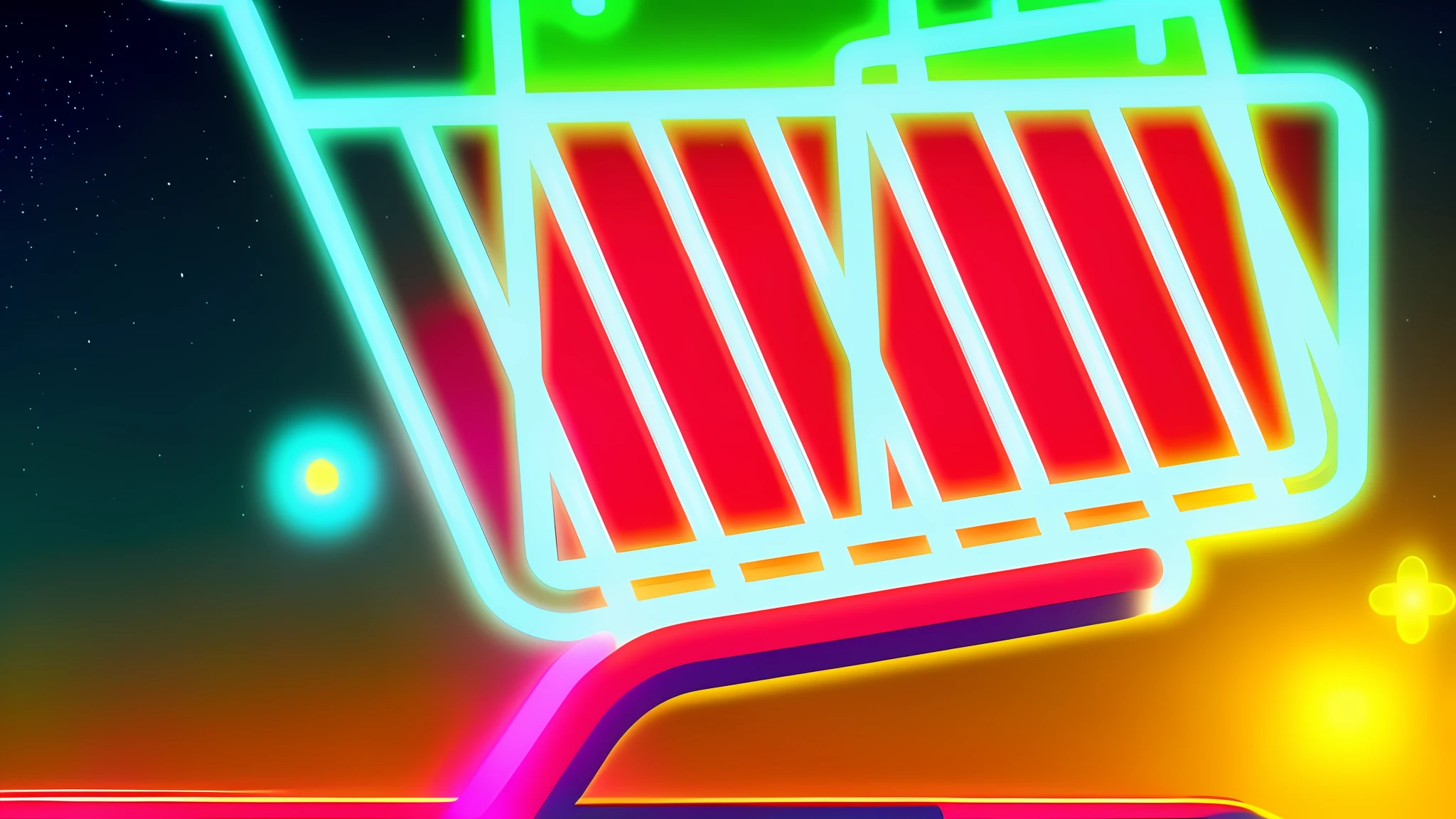 um close up de um carrinho de compras com uma estrela ao fundo, wagon, shopping cart icon, carrinho de supermercado, carrinhos de compras cheios de mantimentos, em um fundo preto de cor plana, compras de mantimentos, Caricato e simplista, icon, Conseguir mantimentos, com pontos noturnos de neon, Lojas, holiday season, Lojas com neons, neon outlines, at night