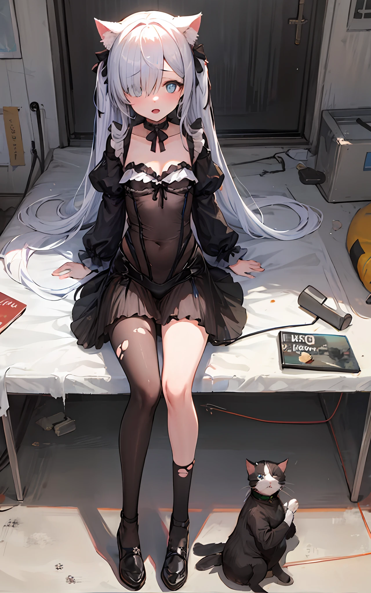 tmasterpiece,1girll,独奏,Cat ears,(coda),hair on one eye,demon_Wings,little breast,Blue_Eyes,Be red in the face,with her mouth open,Low wing,((Torn stockings)),((standing on your feet)),(On the street)