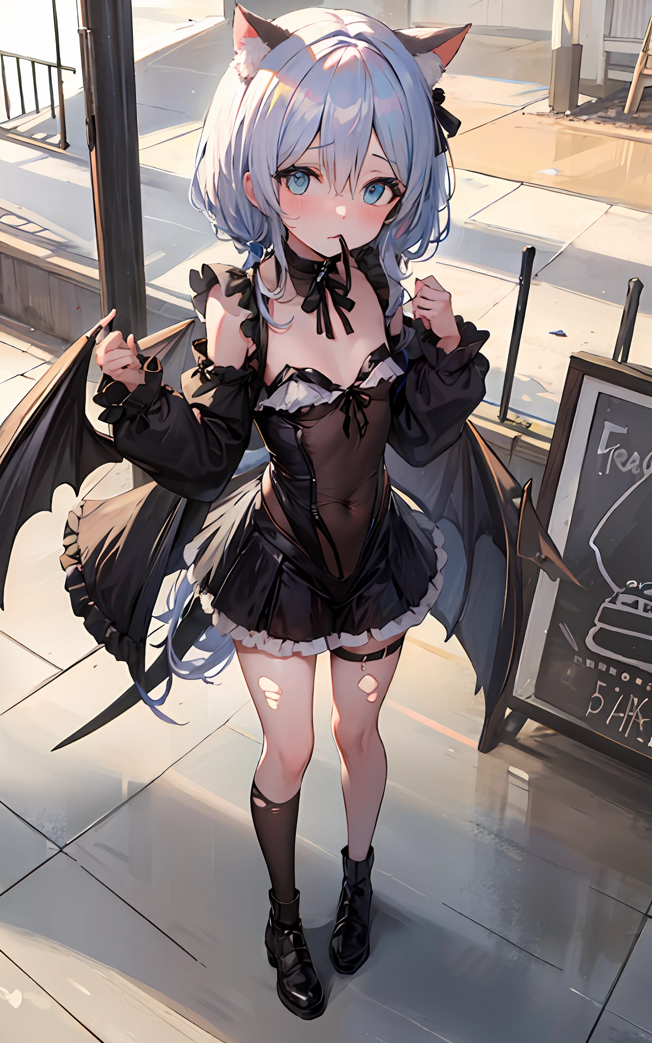 tmasterpiece,1girll,独奏,Cat ears,(coda),hair on one eye,demon_Wings,little breast,Blue_Eyes,Be red in the face,with her mouth open,Low wing,((Torn stockings)),((standing on your feet)),(On the street)