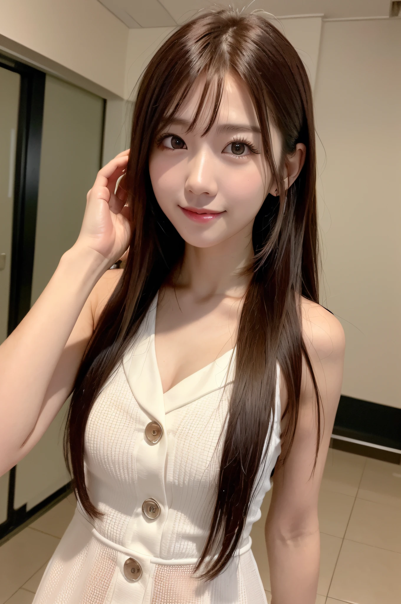 White see-through blouse,Face Interview, (Photo Real:1.4), (hyper realisitic:1.4), (realisitic:1.3), (Smooth lighting:1.05), (Improve video lighting quality:0.9), 1womanl, a 20 yo woman, Realistic lighting, Back lighting, Facial light, raytrace, (cheerfulness:1.2), (Improved image quality:1.4), (Finest Real Textured Skins), finely eye, a small face, Red cheeks, skinny body, medium-breasted pointed jaws,, Korean Idol, Nogizaka Idol, glowy skin, hposing Gravure Idol, P, Blunt bangs, light brown hair, hair behind ear, hair over shoulder, Long hair,Tear bag,Summer plateau、