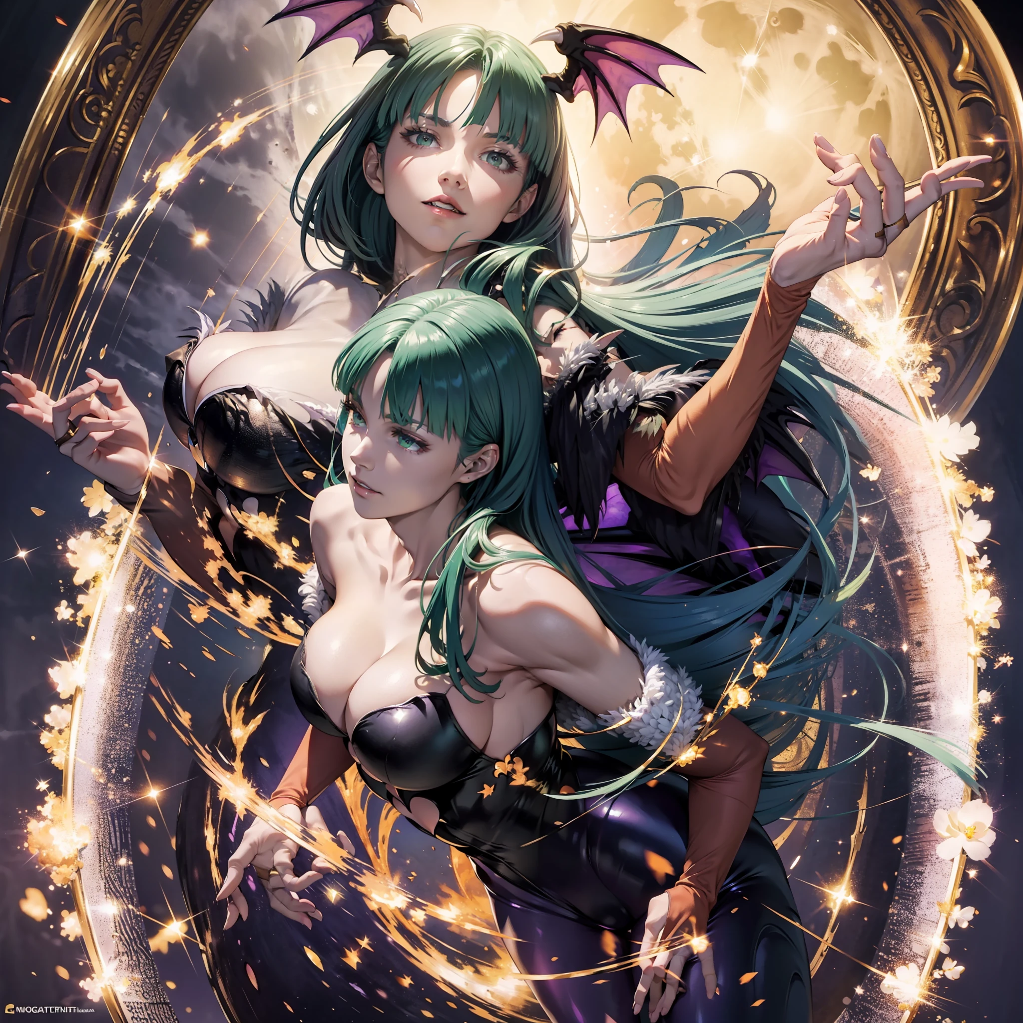 (Morrigan Dark Stalker: 1.5), Solo, during night, full moon, attractive smile, Detailed beautiful face, Perfect human body, Golden glowing eyes, (gigantic cleavage breasts,Fine skin texture),From the angle from below, , Masterpiece, 8K, (dynamic shot: 1_5), full body, symetry, Oil painting, Borminette Lighting,