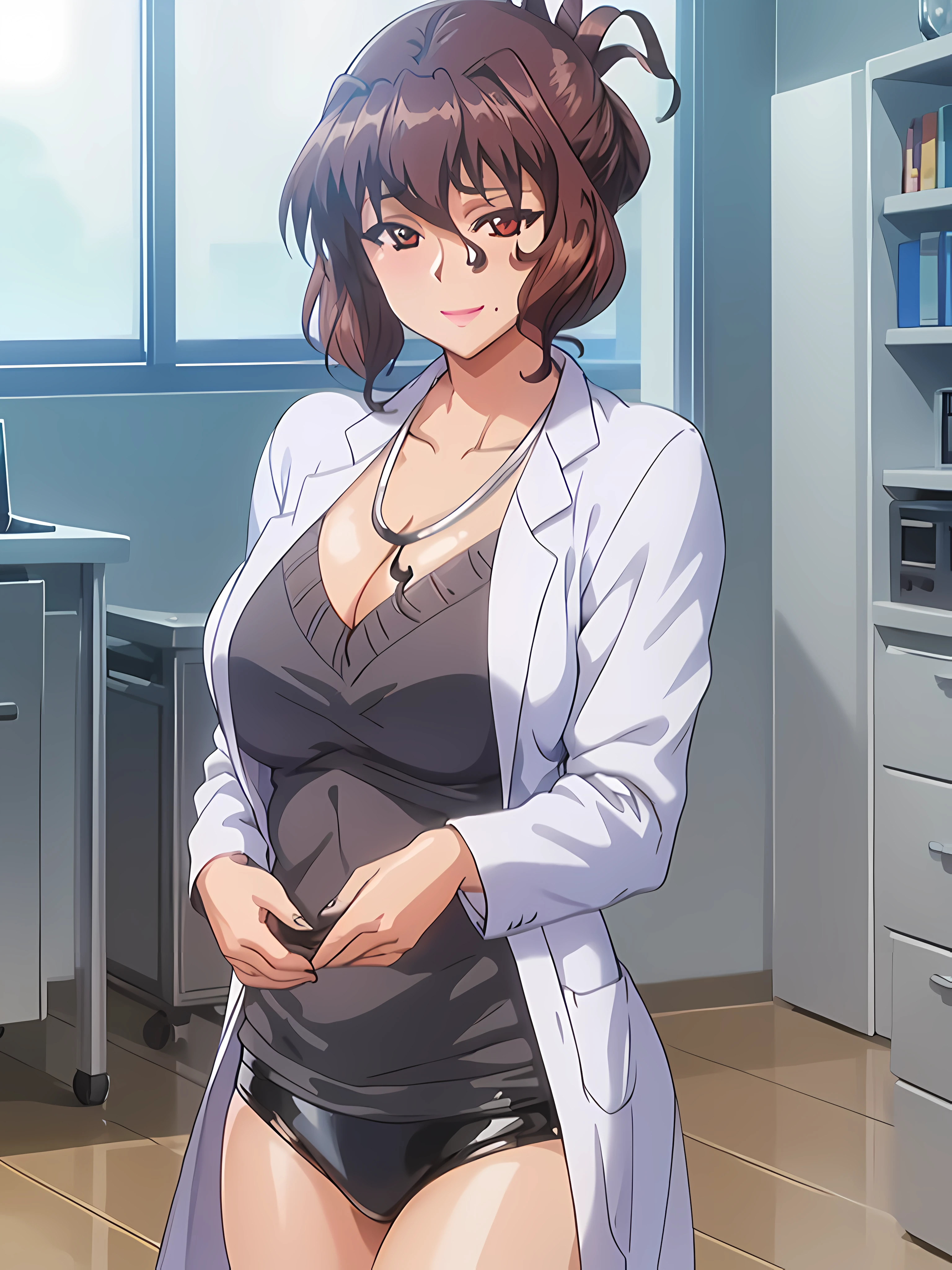 (beautiful hand:1.2), (masterpiece, best quality:1.3), Aiko Katsuragi, mature female, beautiful face, pretty face, (half body shot:1.05), 1girl, makeup, big breasts, lipstick, brown glowing eyes, folded ponytail, brown hair, cleavage, perfect body, (sexy body:1.3), (doctor, labcoat:1.2), perfect eyes, perfect retina, blushed, eyeliner, eyeshadow, perfect face, smile (caring look:1.1), look at viewer, high sharpness, sharp focus, medical room, professional artwork, intricate details, vivid colors, Diffused lighting, digital blending, ultra detailed body, ultra detailed hair, ultra detailed face, trending on pixiv, for desktop wallpaper, flawless drawn
