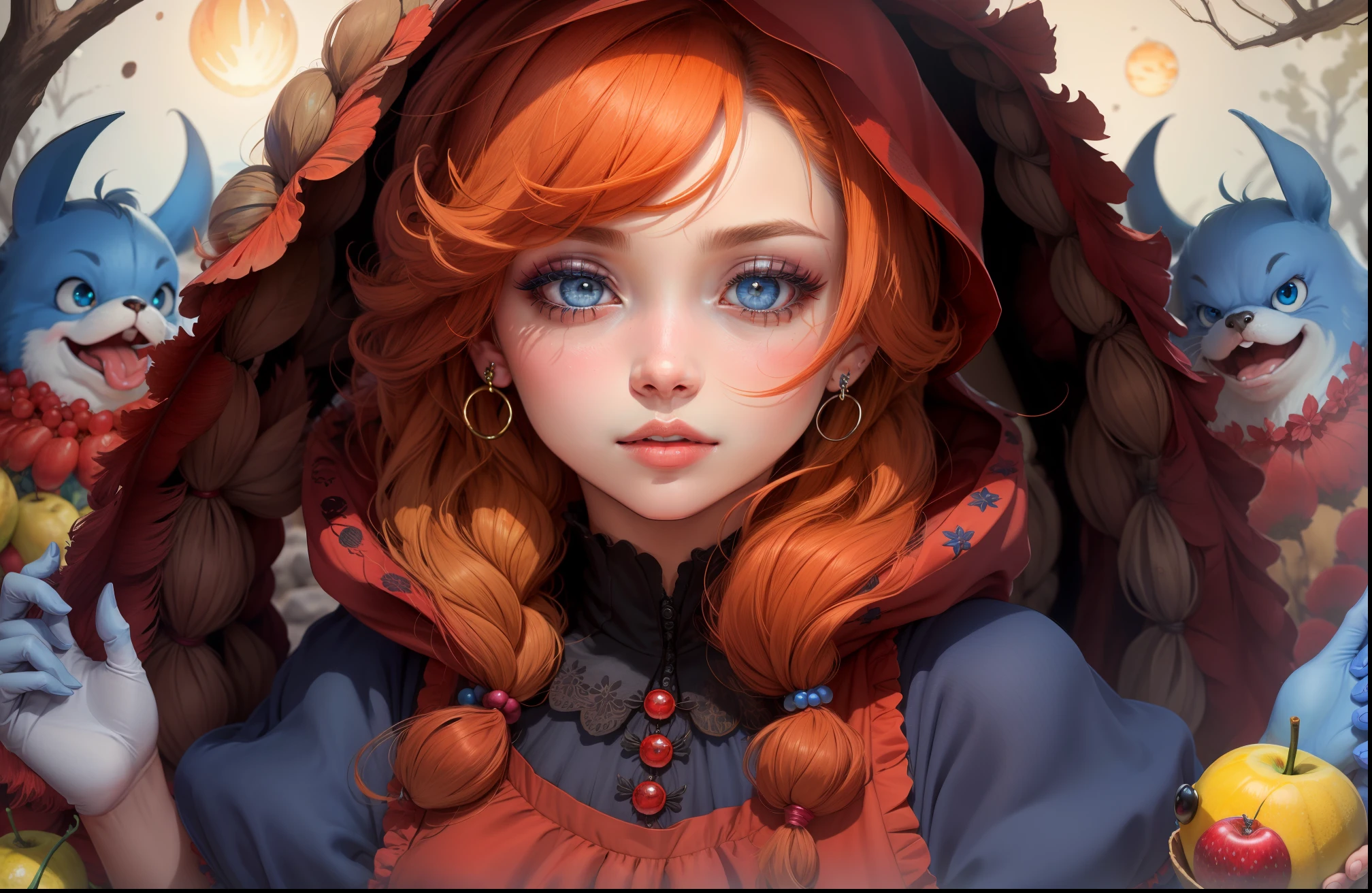 ojos azules,  RedHoodWaifu, (capucha roja, cabo, full bodied, vestido, falda roja),  Cesta de frutas,  Manos bonitas, buenas manos, Cara detallada, ojos detallados, Labios detallados, detailed eyelashes,