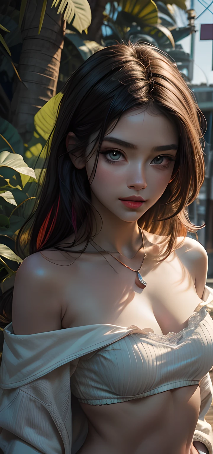 beste-Qualit, tmasterpiece, hight resolution, tmasterpiece, beste-Qualit, 1 girl, Aqua-colored eyes, black hair, closed mouth, multicolored background, looks at the viewer, exteriors, 独奏, upper-body, winning, clean, beatiful face, Face Clean, pale skin, sexypose,(( topic , off-shoulder, bellybutton, briefs)), hairlong, ((perfect female figure)) Jisoo, seductive, Very detailed, beste-Qualit, tmasterpiece, hight resolution, Original, extremely detailed 8K wallpaper ,tmasterpiece,beste-Qualit,illustartion,beautifully detailed eyes,电影灯光, hair ornament, necklace, ornaments, beatiful face, on body, Tyndall effect, Photorealistic, An oasis in the jungle,