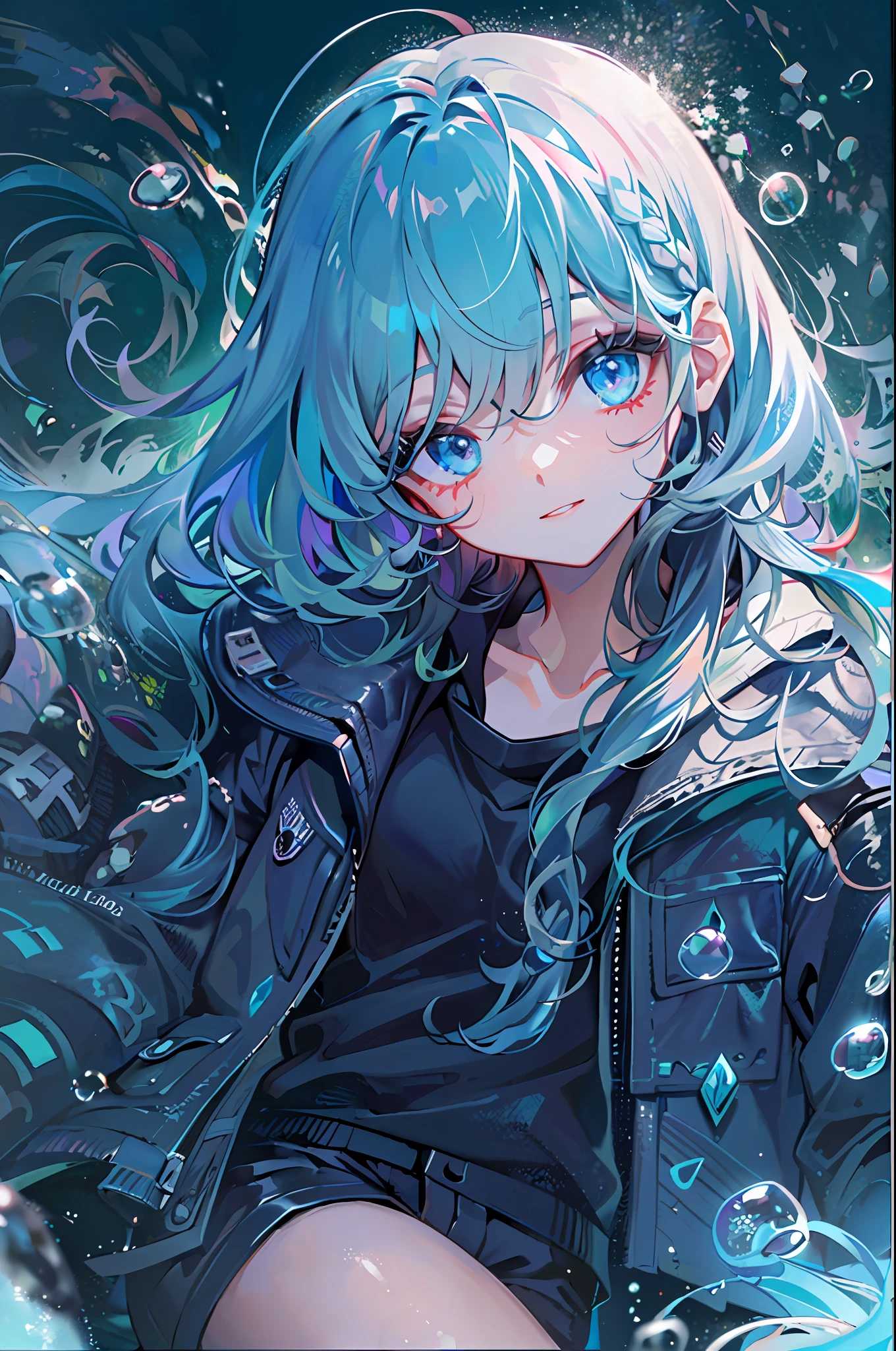 ((top-quality)), ((masterpiece)), ((ultra-detailliert)), (extremely delicate and beautiful), girl with, 独奏, cold attitude,((Black jacket)),She is very(relax)with the(Settled down)Looks,A dark-haired, depth of fields,evil smile,Bubble, under the water, Air bubble,bright light blue eyes,Inner color with black hair and light blue tips,Cold background,Bob Hair - Linear Art, shortpants、knee high socks、Camisole inner shirt