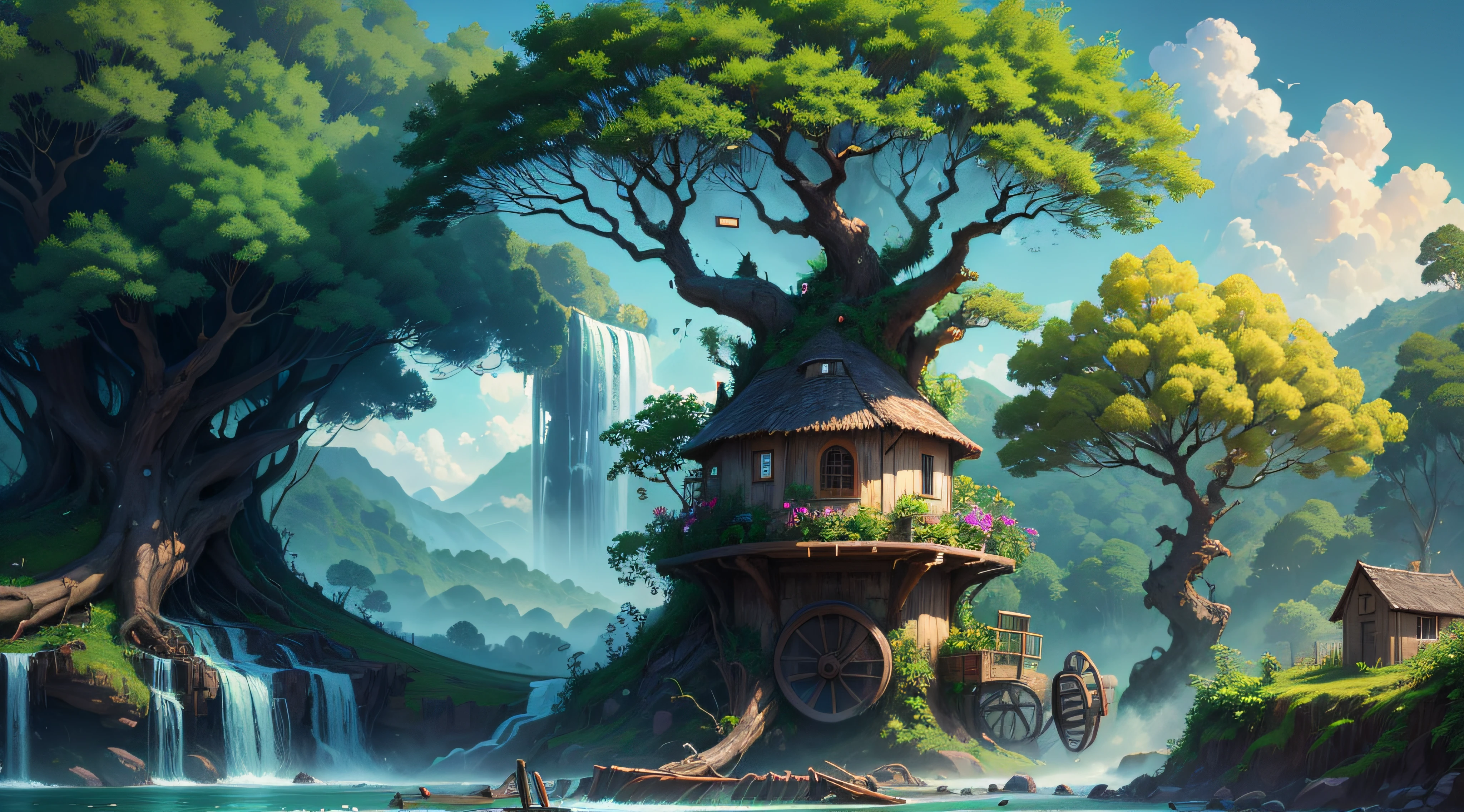 Gigantic colorful trees with many vines, palmeiras, coqueiro, fallen logs, a watermill with a waterwheel, moinho de vento, numa cachoeira exuberante, rio com grandes rochas hiper realista, sky with clouds, sol, lua, global ilumination, profundidade de campo,