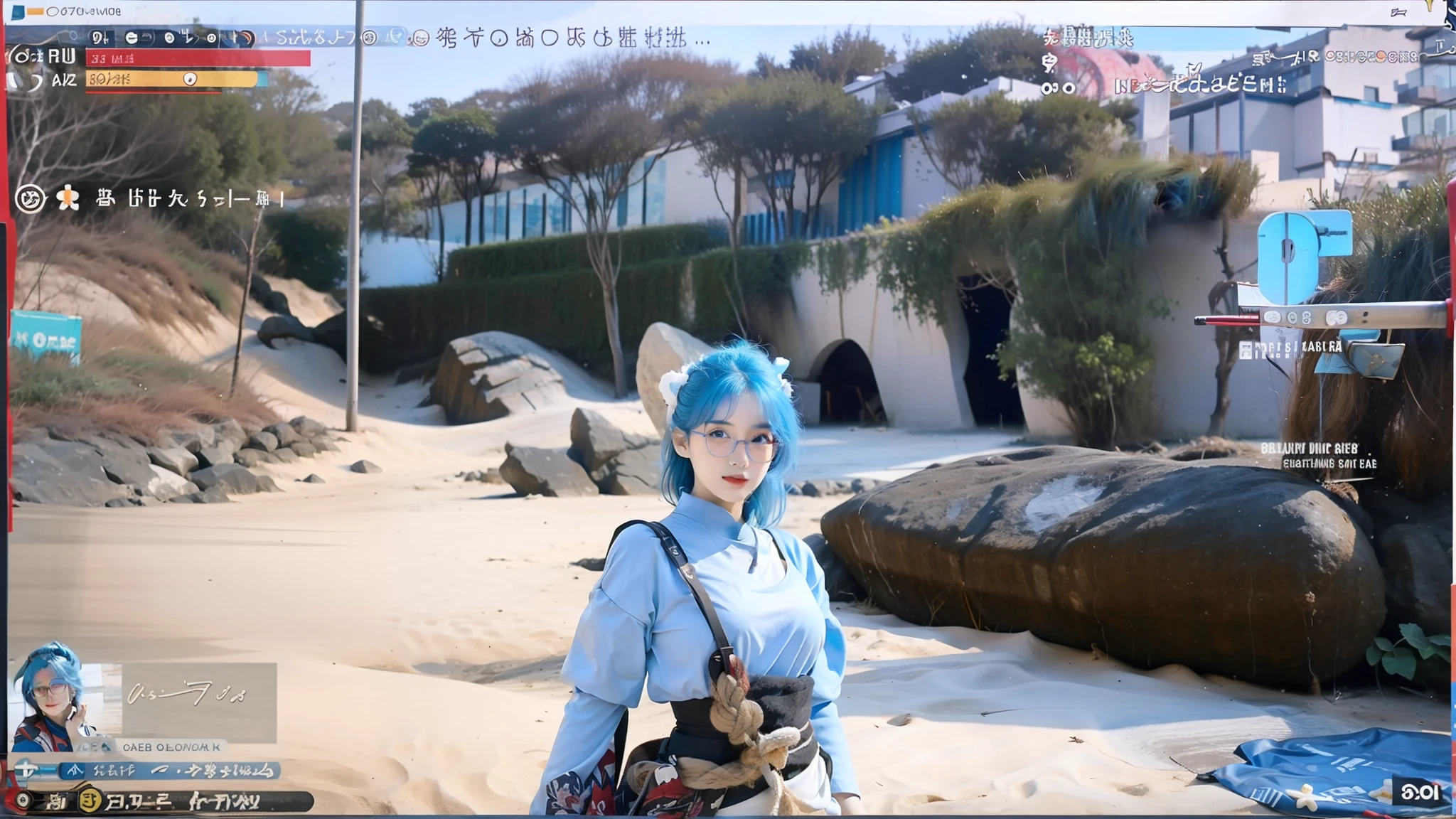 1girl, Fantasy, Beautiful beach backround, Sand castle, The eyes are not crossed, Katana sword, Blue eyes detail, Beauty face, Blue sky hair color detail, Closed Mouth, Use O spectacles, Blue Outfit, Red horn, Realistic, Ultra detail, Same outfit detail, same pose detai, 70mm lens
