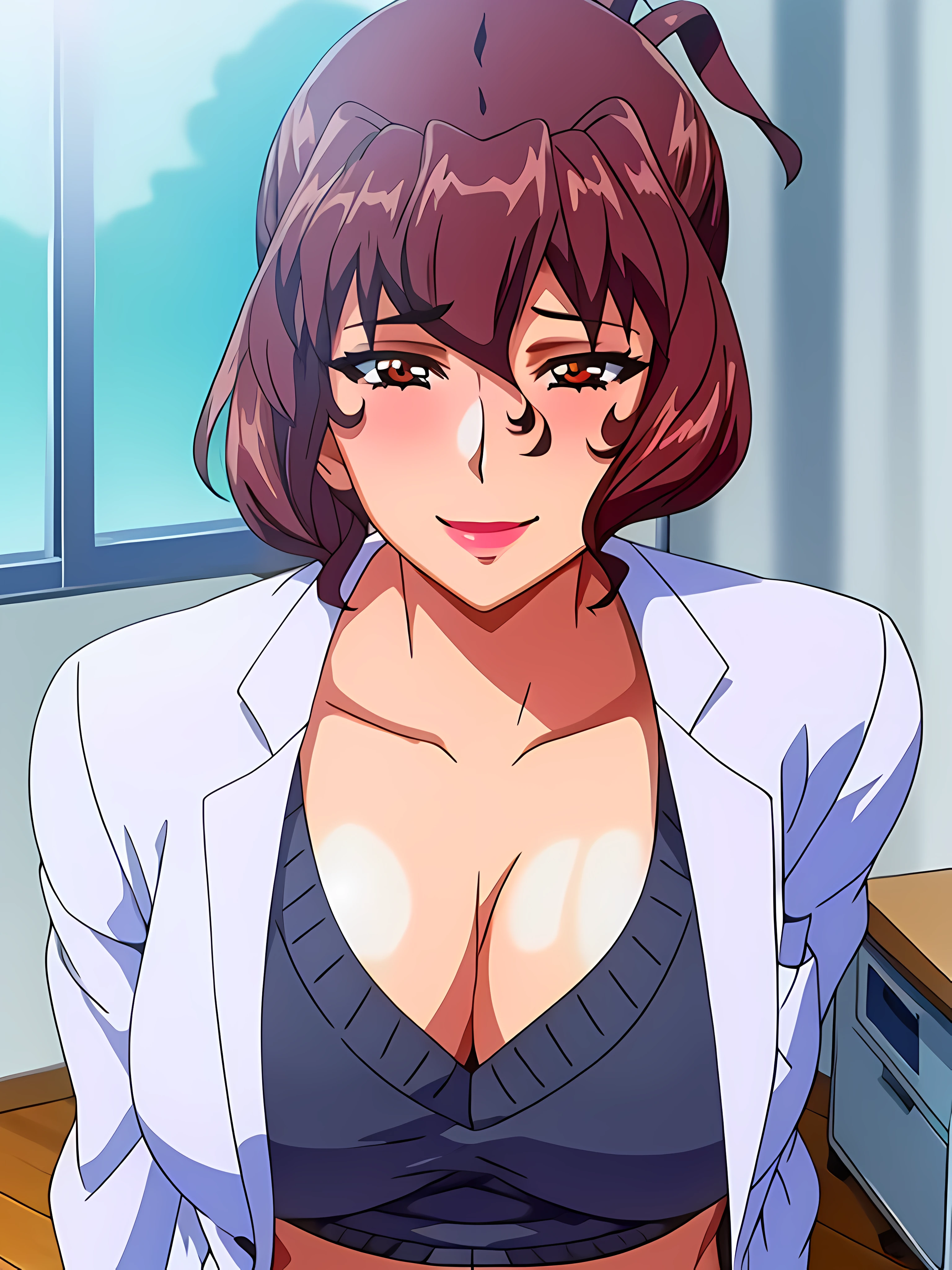 (beautiful hand:1.2), (masterpiece, best quality:1.3), Aiko Katsuragi, mature female, beautiful face, pretty face, (half body shot:1.05), 1girl, makeup, big breasts, lipstick, brown glowing eyes, folded ponytail, brown hair, cleavage, perfect body, (sexy body:1.3), (doctor, labcoat:1.2),  perfect eyes, perfect retina, blushed, eyeliner, eyeshadow, perfect face, smile (caring look:1.1), look at viewer, high sharpness, sharp focus, medical room, professional artwork, intricate details, vivid colors, Diffused lighting, digital blending, ultra detailed body, ultra detailed hair, ultra detailed face, trending on pixiv, for desktop wallpaper