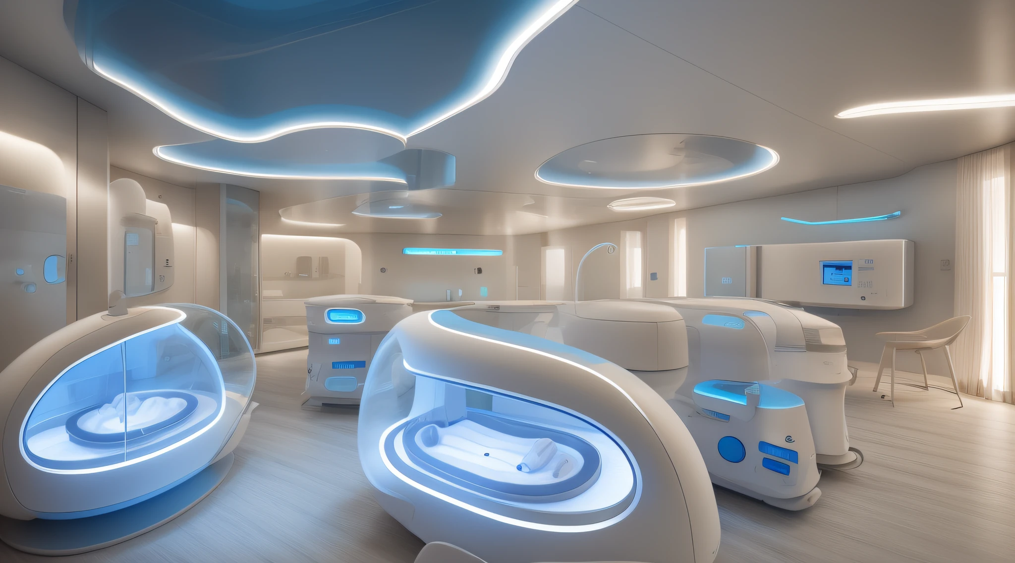 "Arquitetura de uma Medical UTI Neonatal futurista com amplas janelas de vidro, proporcionando uma vista deslumbrante para uma paisagem deslumbrante. Futuristic Medical installation with neonatal incubators and high medical technology with soft lighting with blue neon"