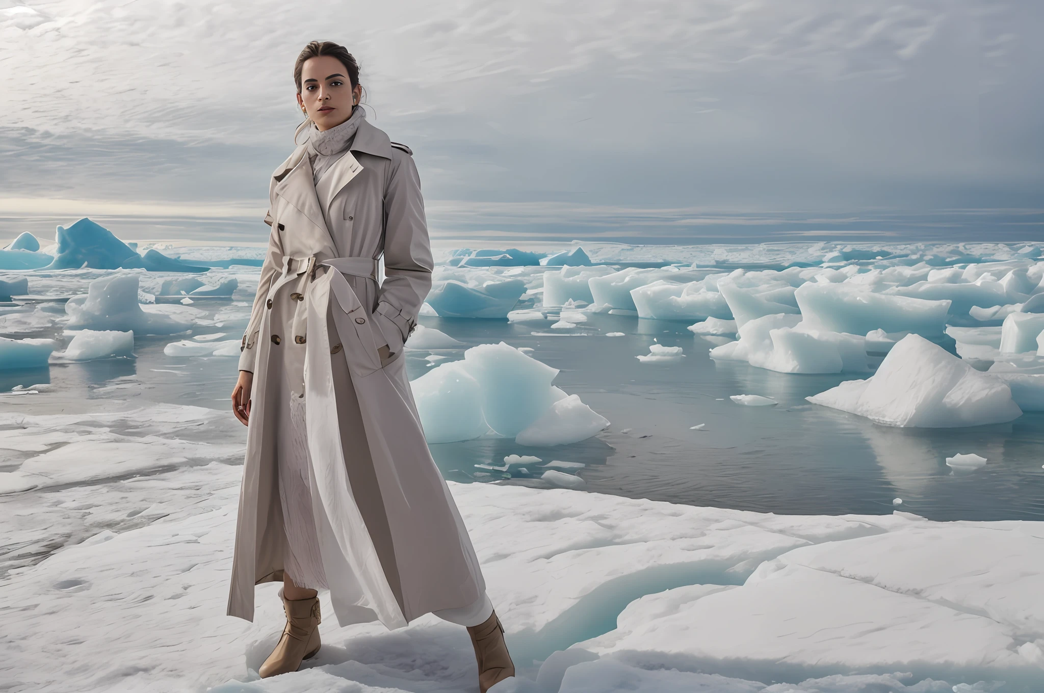 Woman in trench coat standing on icebergs in front of a body of water, Arctic, Woman is in a trench, icebergue, Editorial Oficial da Dior, Directed by: Juergen von Huendeberg, Calvin Klein, Directed by: Dietmar Damerau, hunterxhunter, Directed by: Jakob Gauermann, Trincheira Casaco, casaco, A complete portrait of the Nordic woman, looking up at the audience, Rosto ultra-detalhado, Retrato Emily Ratajkowski, Alana Fletcher, beleza de cair o queixo, Karolina Cummings, foto de uma mulher bonita, julia sarda, aleksandra waliszewska, melhor qualidade, obra-prima, fotorrealista: 1.2, ultra alto nada, 8K foto crua, elegante, corpo volumoso e musculoso, seios grandes de silicone, sexy, Glamour, textura detalhada, symmetrical face, realce facial, penteado Glamouroso, volumeric lighting, tiro no meio, 8 K arte conceitual, trending in artstation, obra-prima