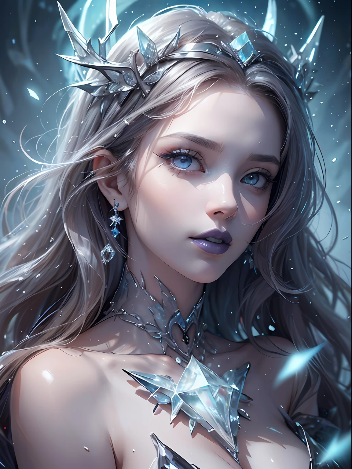 illustration, woman, blue lipstick on lips, cinematic lighti, highest quality, ultra detailed realism, detailed face, detailed eyes, best quality, hyper detailed, Works Prima, Masterpiece, Top Quality, Best, Official Art, Beautiful and Aesthetic, Long Exposure: 1 leggy and thin woman, broad and delicate shoulders, medium breasts, Charming Patterns, Icy witch woman, White , eyes covered by a veil made of ice, Her body is covered with pieces of ice detailed in a beautiful black dress, witch, winter, ice throne, witchcraft, Tone of Magic in Blue, strong glow in neon blue, queen, majesty, in the background a blizzard covering the environment. Front portrait, full body.