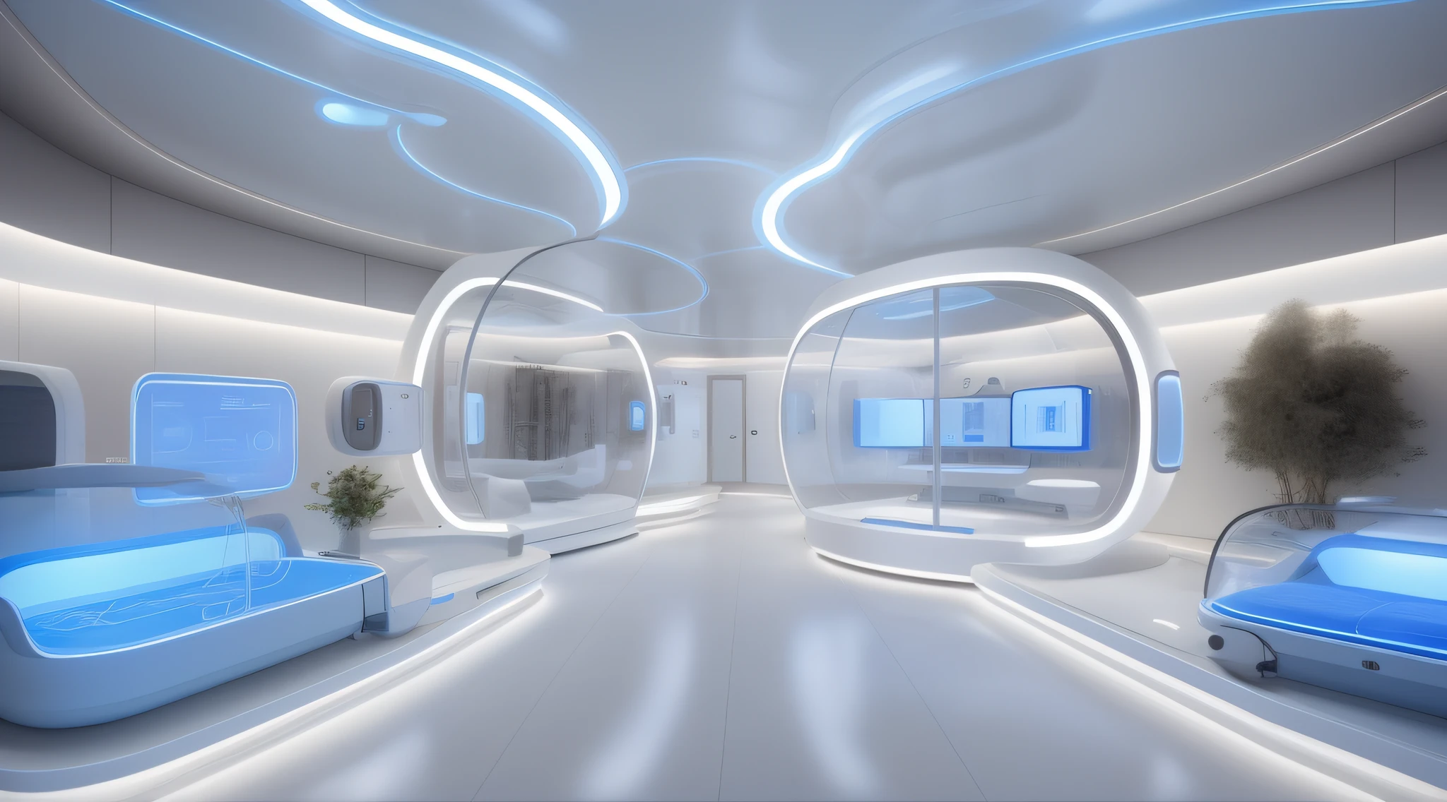 "Arquitetura de uma Medical UTI Neonatal futurista com amplas janelas de vidro, proporcionando uma vista deslumbrante para uma paisagem deslumbrante. Futuristic Medical installation with neonatal incubators and high medical technology with soft lighting with blue neon"