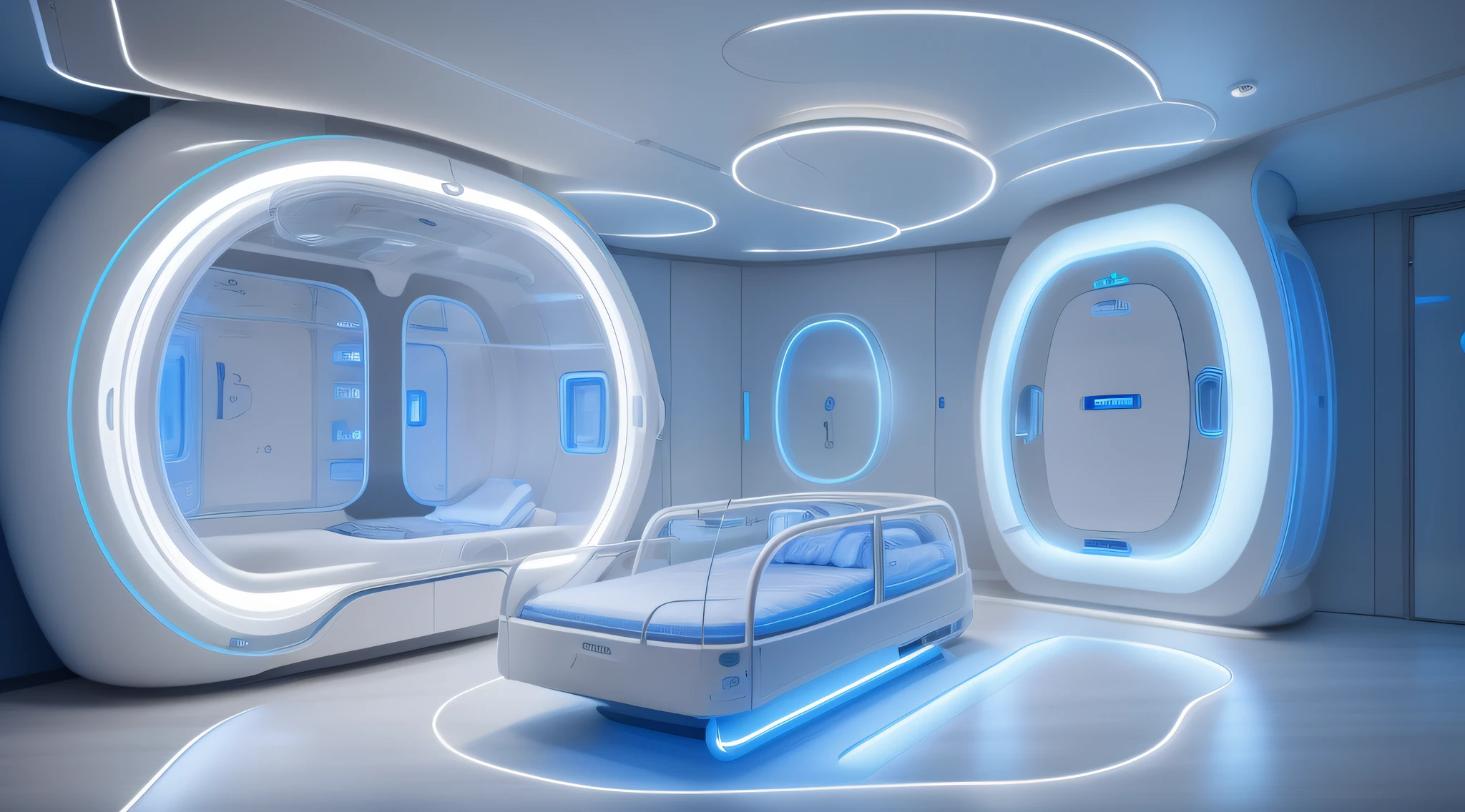 "Arquitetura de uma Medical UTI Neonatal futurista com amplas janelas de vidro, proporcionando uma vista deslumbrante para uma paisagem deslumbrante. Futuristic Medical installation with neonatal incubators and high medical technology with soft lighting with blue neon"