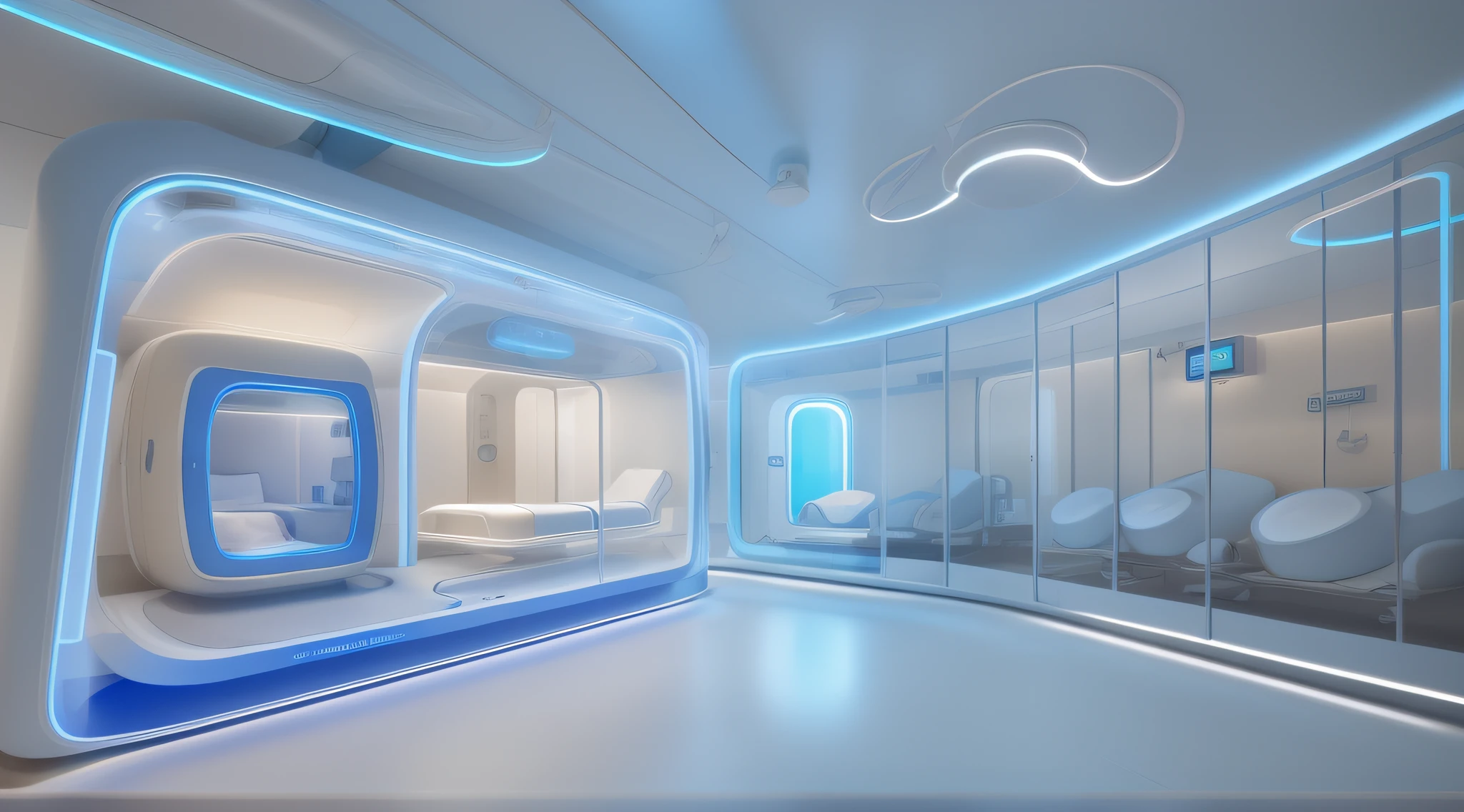 "Arquitetura de uma Medical UTI Neonatal futurista com amplas janelas de vidro, proporcionando uma vista deslumbrante para uma paisagem deslumbrante. Futuristic Medical installation with neonatal incubators and high medical technology with soft lighting with blue neon"