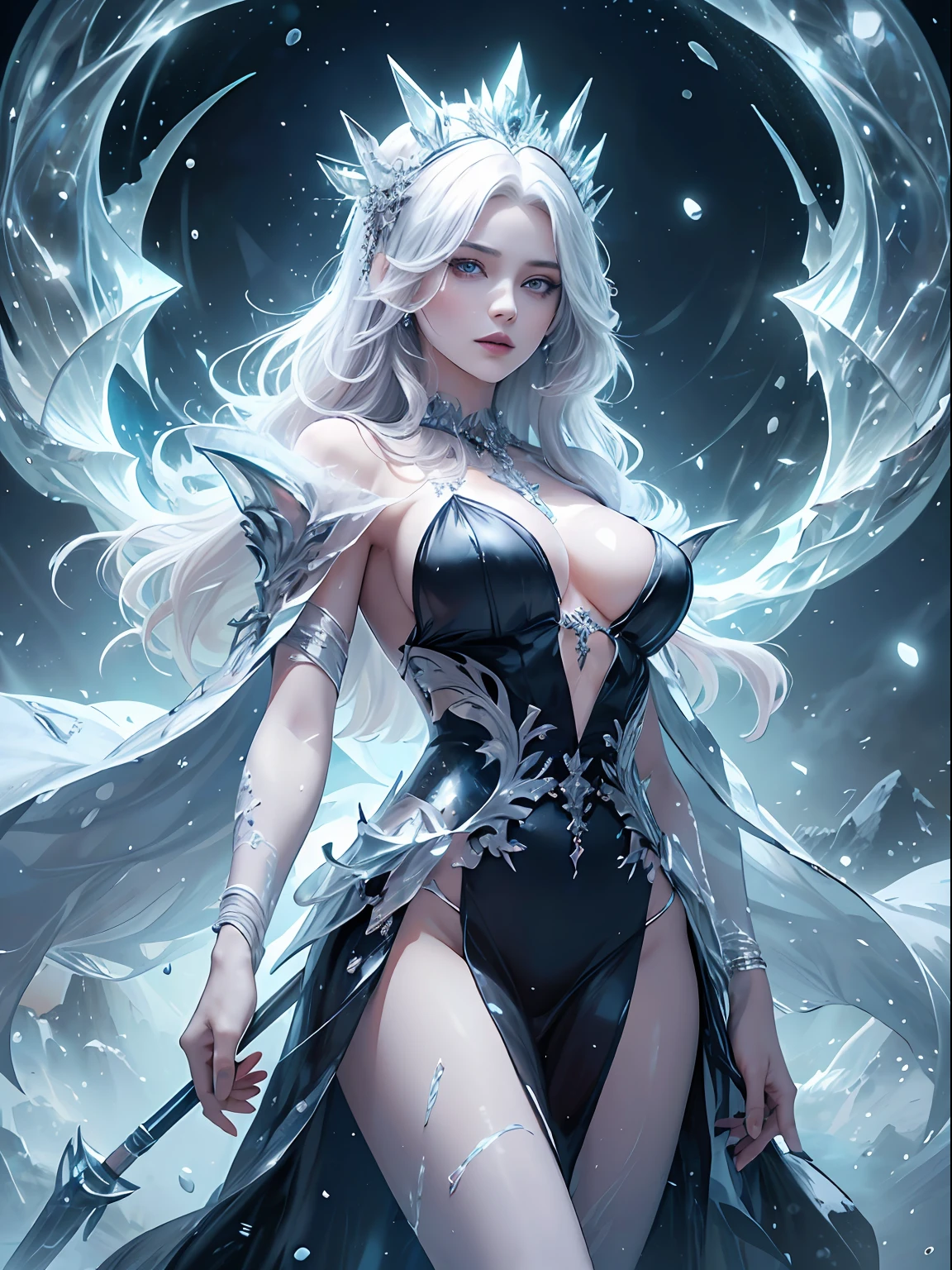 illustration, woman, blue lipstick on lips, cinematic lighti, highest quality, ultra detailed realism, detailed face, detailed eyes, best quality, hyper detailed, Works Prima, Masterpiece, Top Quality, Best, Official Art, Beautiful and Aesthetic, Long Exposure: 1 leggy and thin woman, broad and delicate shoulders, medium breasts, Charming Patterns, Icy witch woman, White , eyes covered by a veil made of ice, Her body is covered with pieces of ice detailed in a beautiful black dress, witch, winter, ice throne, witchcraft, Tone of Magic in Blue, strong glow in neon blue, queen, majesty, in the background a blizzard covering the environment. Front portrait, full body.