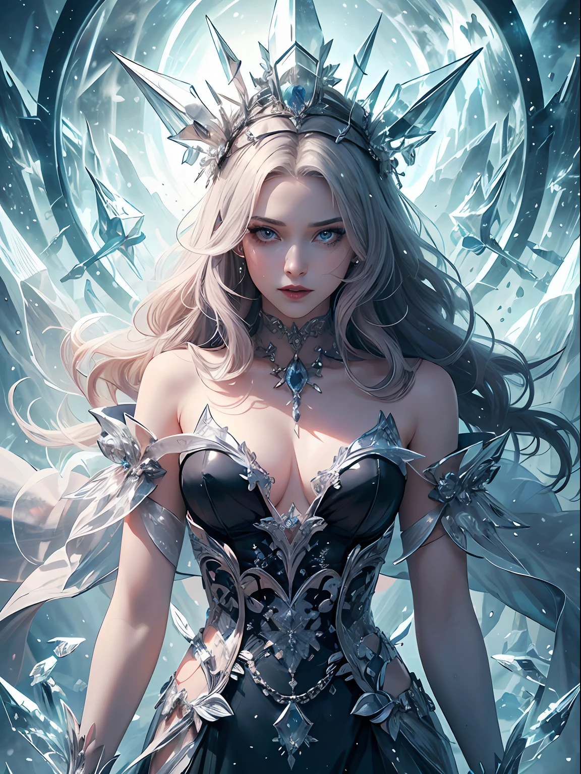 illustration, woman, blue lipstick on lips, cinematic lighti, highest quality, ultra detailed realism, detailed face, detailed eyes, best quality, hyper detailed, Works Prima, Masterpiece, Top Quality, Best, Official Art, Beautiful and Aesthetic, Long Exposure: 1 leggy and thin woman, broad and delicate shoulders, medium breasts, Charming Patterns, Icy witch woman, White , eyes covered by a veil made of ice,  Her body is covered with pieces of ice detailed in a beautiful black dress, witch, winter, ice throne, witchcraft, Tone of Magic in Blue, strong glow in neon blue, queen, majesty, in the background a blizzard covering the environment. Front portrait, full body.