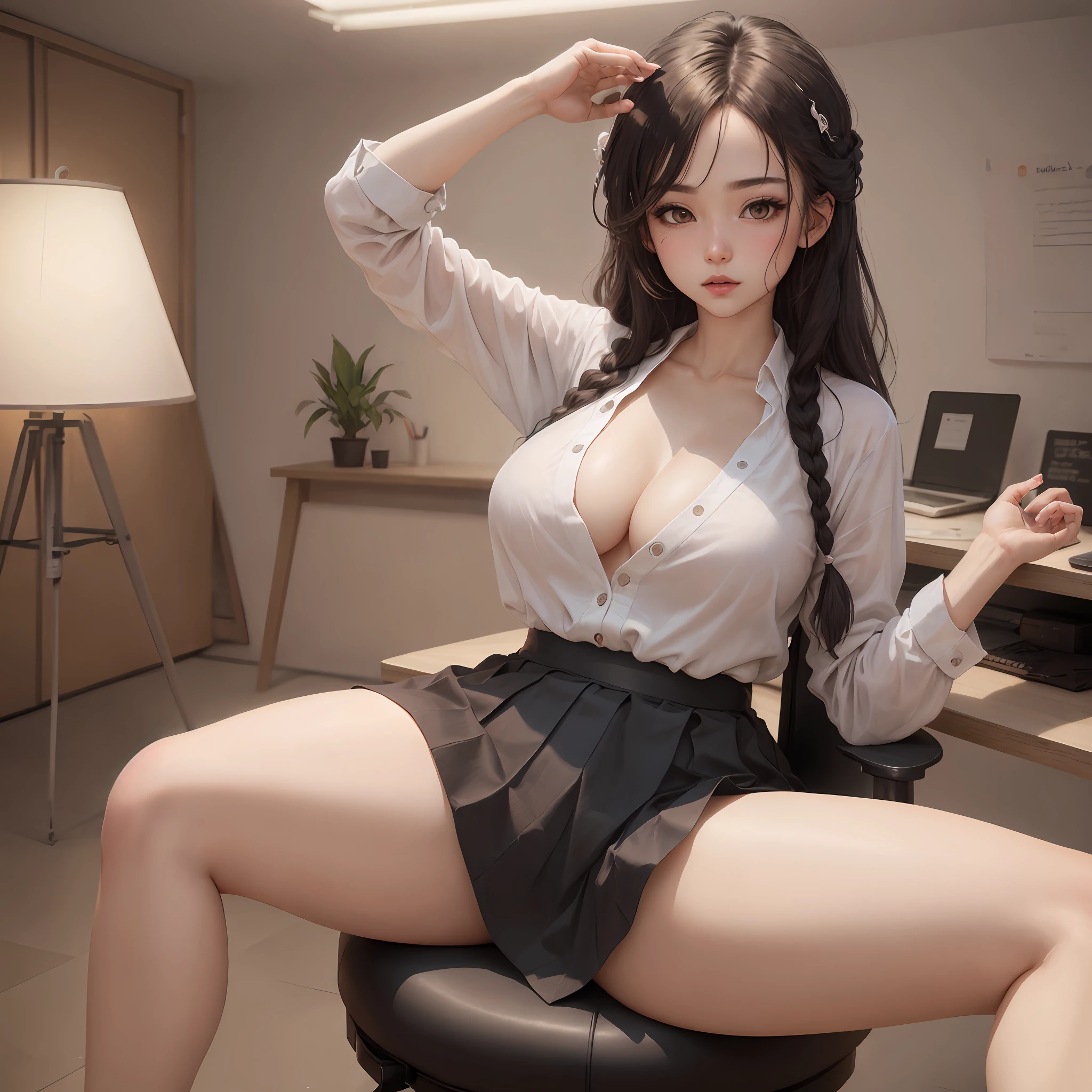 shenhe， 1girll， 独奏， （（white  shirt））， black thighhigns， Giant breasts，， 校服， office backdrop， a black skirt， pleatedskirt， office room， hair between eye， hair adornments，big cleavage breasts， long whitr hair， looking at viewert， silber hair， braidedhair， silver short nails， Silver eyes， 独奏， Thighs, thighs， upper legs， long whitr hair， （（tmasterpiece））， Sat down， a chair， Study desk， Computer on the desk， name badge， ID tags， inside in room， Be red in the face，a sexy pose，sensual breasts --auto