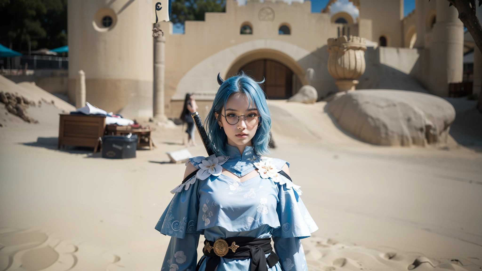 1girl, Fantasy, Beautiful beach backround, Sand castle, The eyes are not crossed, Katana sword, Blue eyes detail, Beauty face, Blue sky hair color detail, Closed Mouth, Use O spectacles, Blue Outfit, Red horn, Realistic, Ultra detail, Same outfit detail, same pose detai, 70mm lens