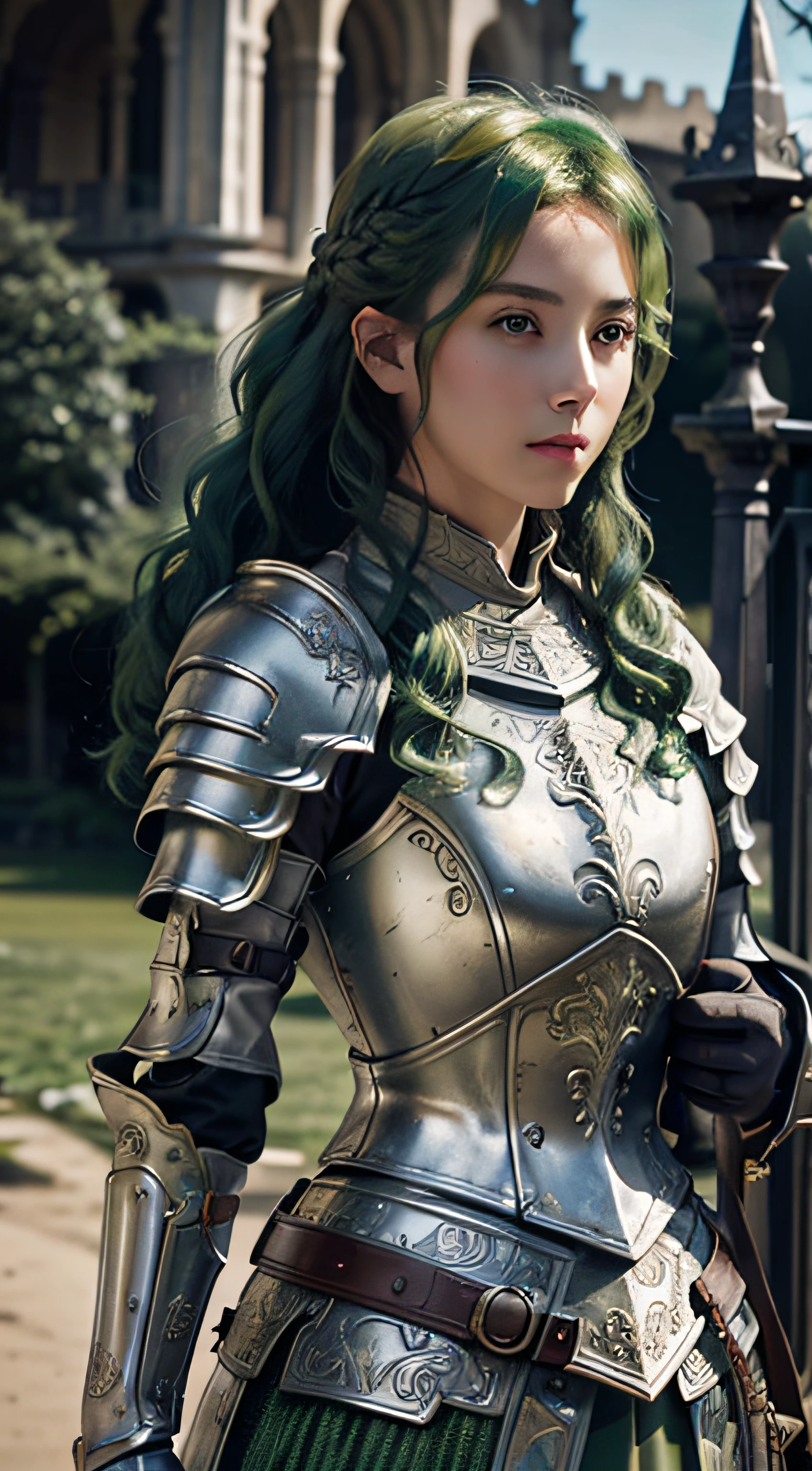 masutepiece, cinematic landscape, Best Quality, barroco, Realistic, European Woman, beautiful curves, white roman medieval armor, worn armor, Upper body, Looking at the viewer, open field, Battlefield、Curly vertical roll、bright green hair、Longhaire、Hair is fluttering in the wind、Holding a one-handed sword with medieval decoration in his left hand、Holding a one-handed sword in his left hand、Beautuful Women、Transparent skin、full bodyesbian、full bodyesbian、Looking at the camera、Official art、depth of fields、
