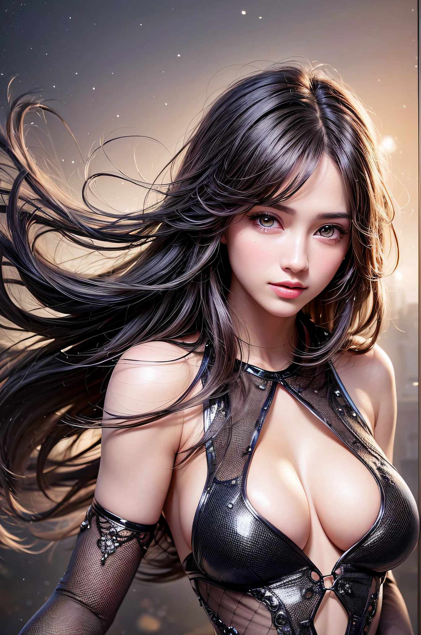 highest quality, highest image quality, highest resolution, raw photos, realistic, photo-realistic, ultra-detailed and beautiful, highest detailed, ung girl, extremely cute, good-looking, beautiful fair skin and glossy, beautiful beautiful eyes are big and bright, small mouth and thin lips, long black hair blowing in the wind, good style and slender, (beautiful large breasts:1.5), breasts out, she has a bright personality and a cute smile, natural makeup, (transparent and see-through costume with cute details and an open chest wide:1.6), cute girl portrait, beautiful girl illuminated by seven colors of light, shine in rainbow colors, A very beautiful view of the world that I have never seen before, depicting the background where the light of the illumination shines, sexiest illustration, cinematic lighting,