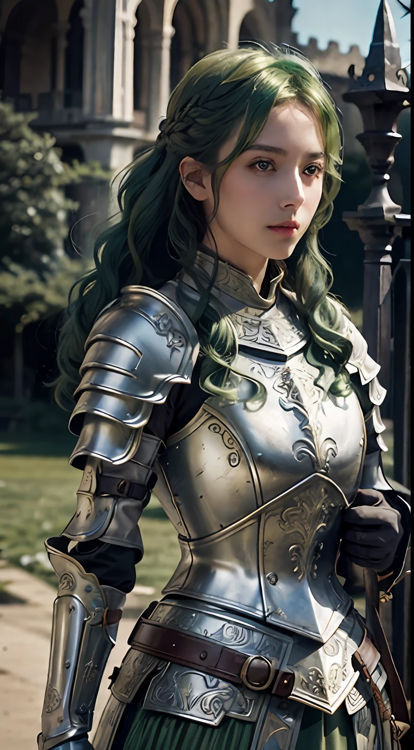 masutepiece, cinematic landscape, Best Quality, barroco, Realistic, European Woman, beautiful curves, white roman medieval armor, worn armor, Upper body, Looking at the viewer, open field, Battlefield、Curly vertical roll、bright green hair、Longhaire、Hair is fluttering in the wind、Holding a one-handed sword with medieval decoration in his left hand、Holding a one-handed sword in his left hand、Beautuful Women、Transparent skin、full bodyesbian、full bodyesbian、Looking at the camera、Official art、depth of fields、