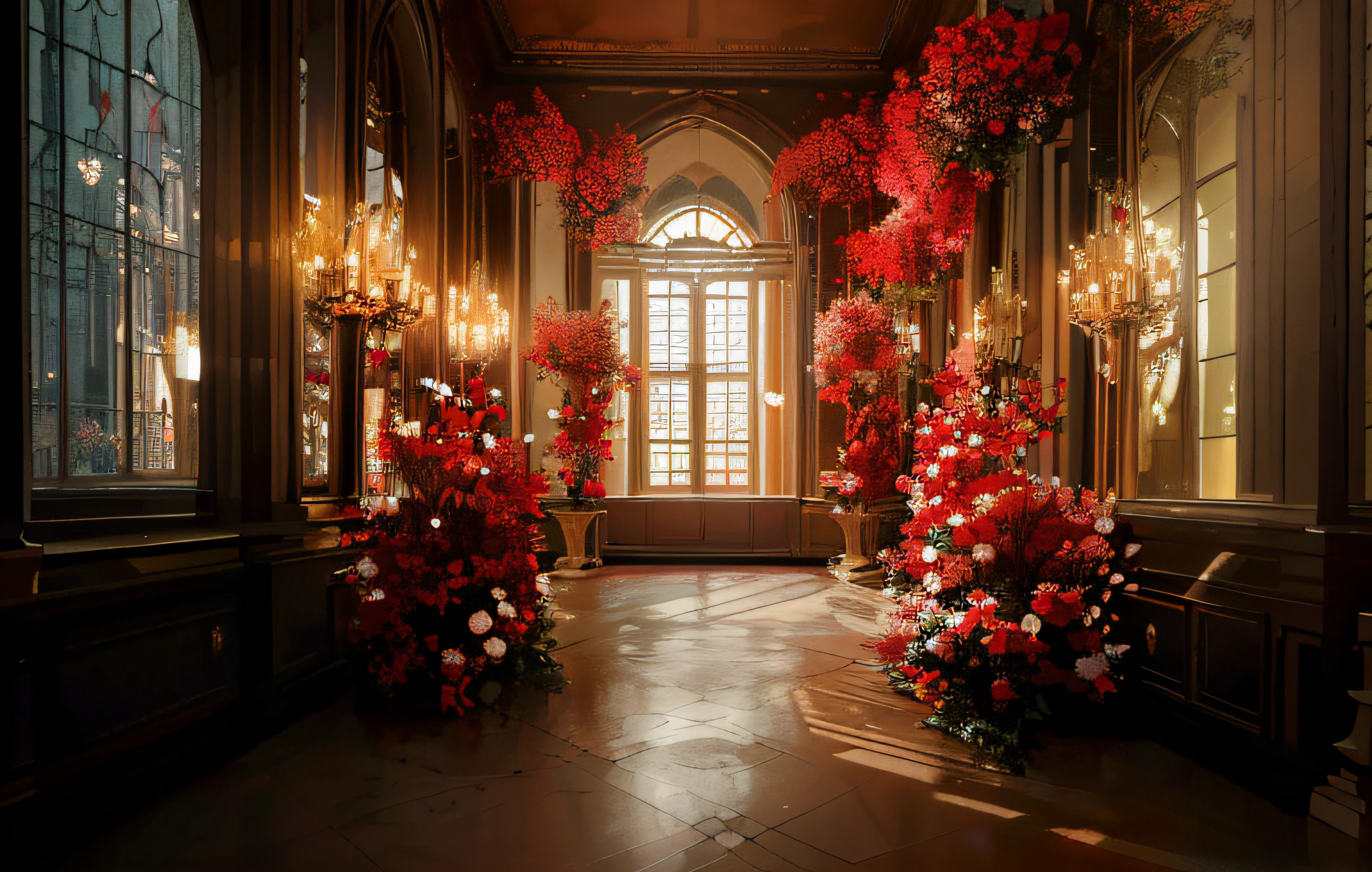 there are many red flowers in the middle of a hallway, stunning arcanum backdrop, lavishly decorated, floral environment, magical atmosphere + masterpiece, unreal engine ; romantic theme, red and cinematic lighting, celestial red flowers vibe, dreamy atmosphere and drama, awesome greate composition, the grand temple of flowers, by Marie Bashkirtseff, red room
