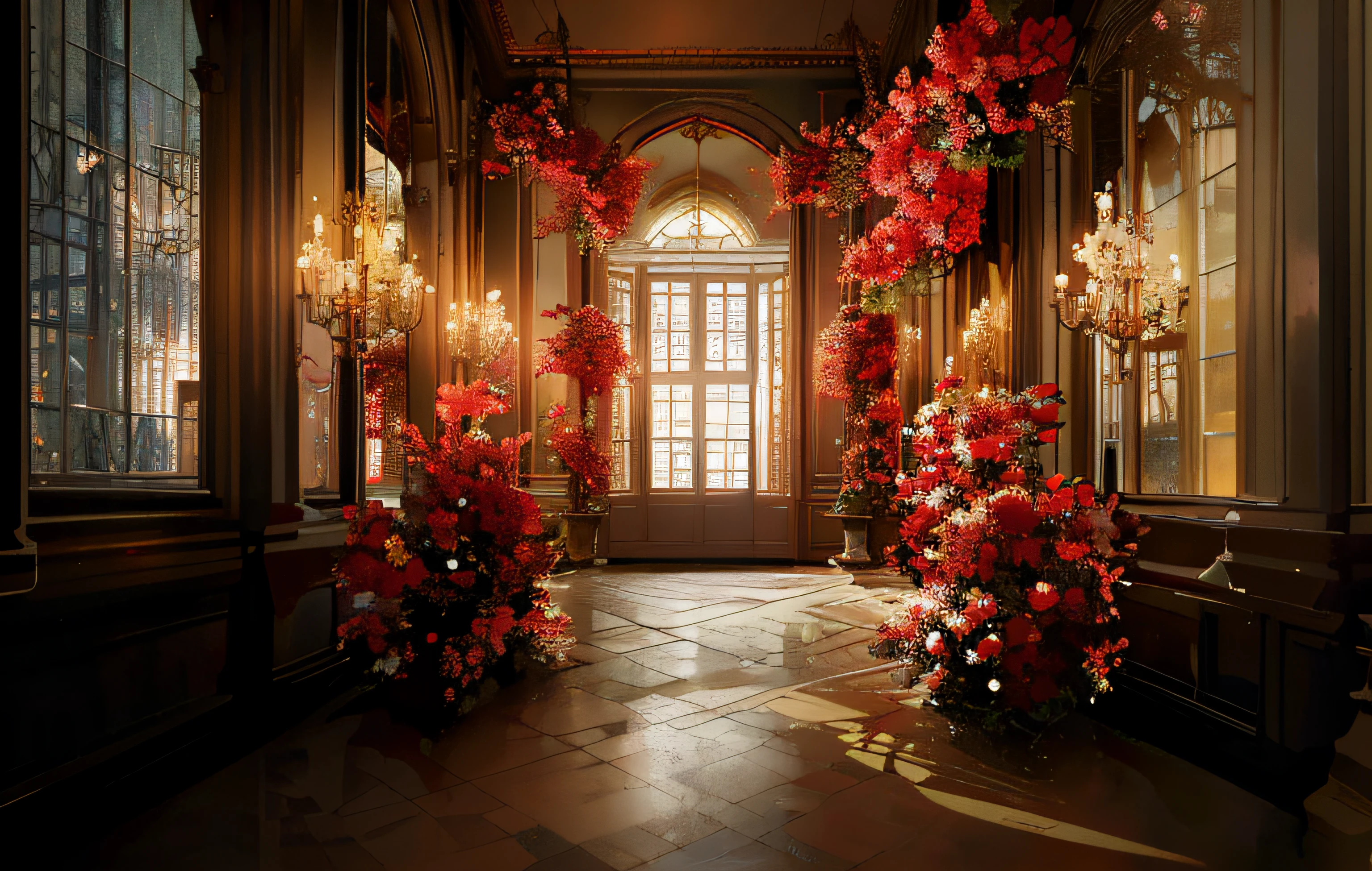 there are many red flowers in the middle of a hallway, stunning arcanum backdrop, lavishly decorated, floral environment, magical atmosphere + masterpiece, unreal engine ; romantic theme, red and cinematic lighting, celestial red flowers vibe, dreamy atmosphere and drama, awesome greate composition, the grand temple of flowers, by Marie Bashkirtseff, red room
