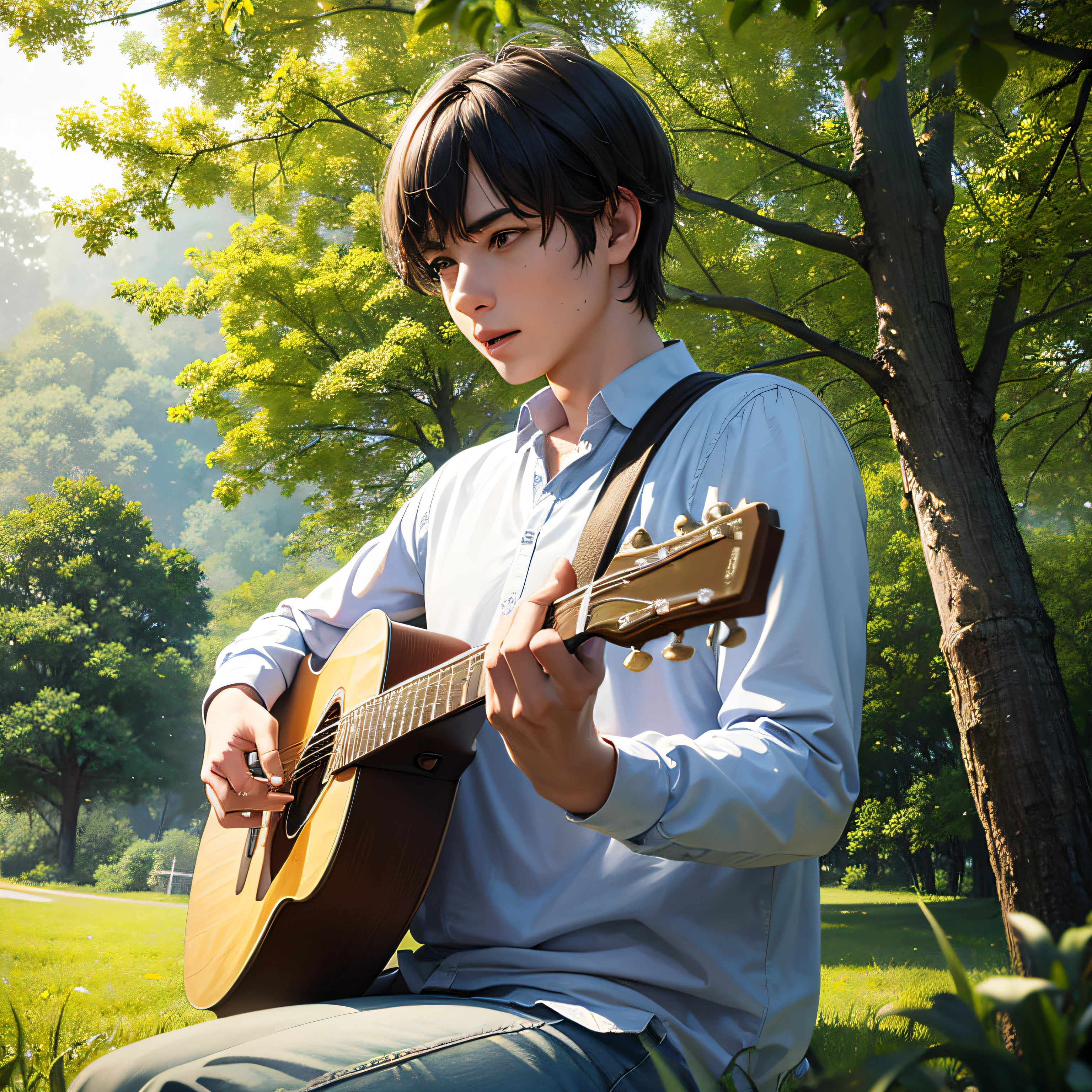 Man playing guitar, floresta, paisagem linda, arte detalhada, cinematic lighthing, hiper-realista