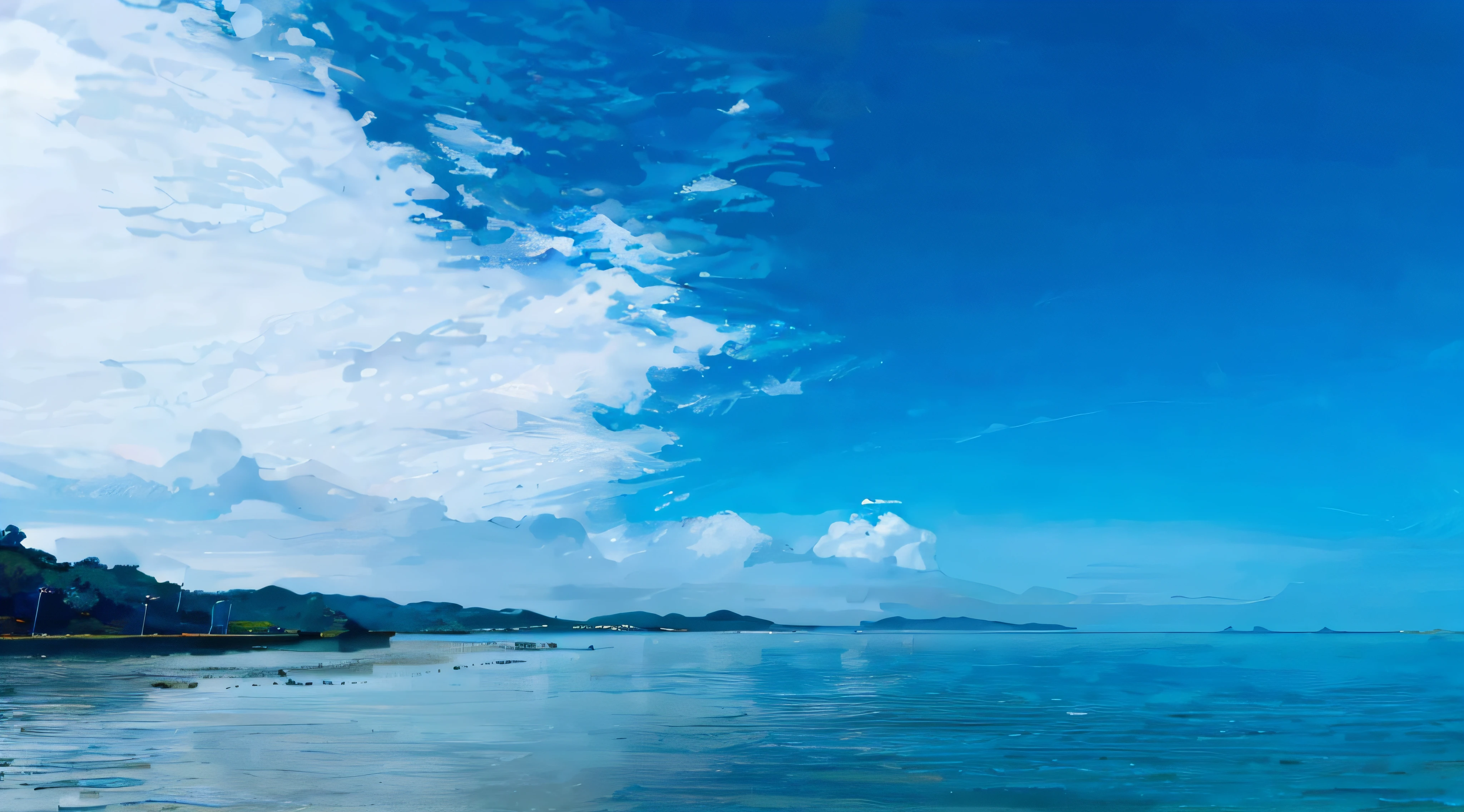 There is a ship sitting on the surface of the water in the ocean, Sea and sky, blue clear skies, the ocean in the background, beautiful tranquil day, blue open sky, calm ocean landscape, Blue waters, there is blue sky, the ocean in the background, the sky is beautiful and clear, The sea in the background, a photo of the ocean, Blue sea --auto