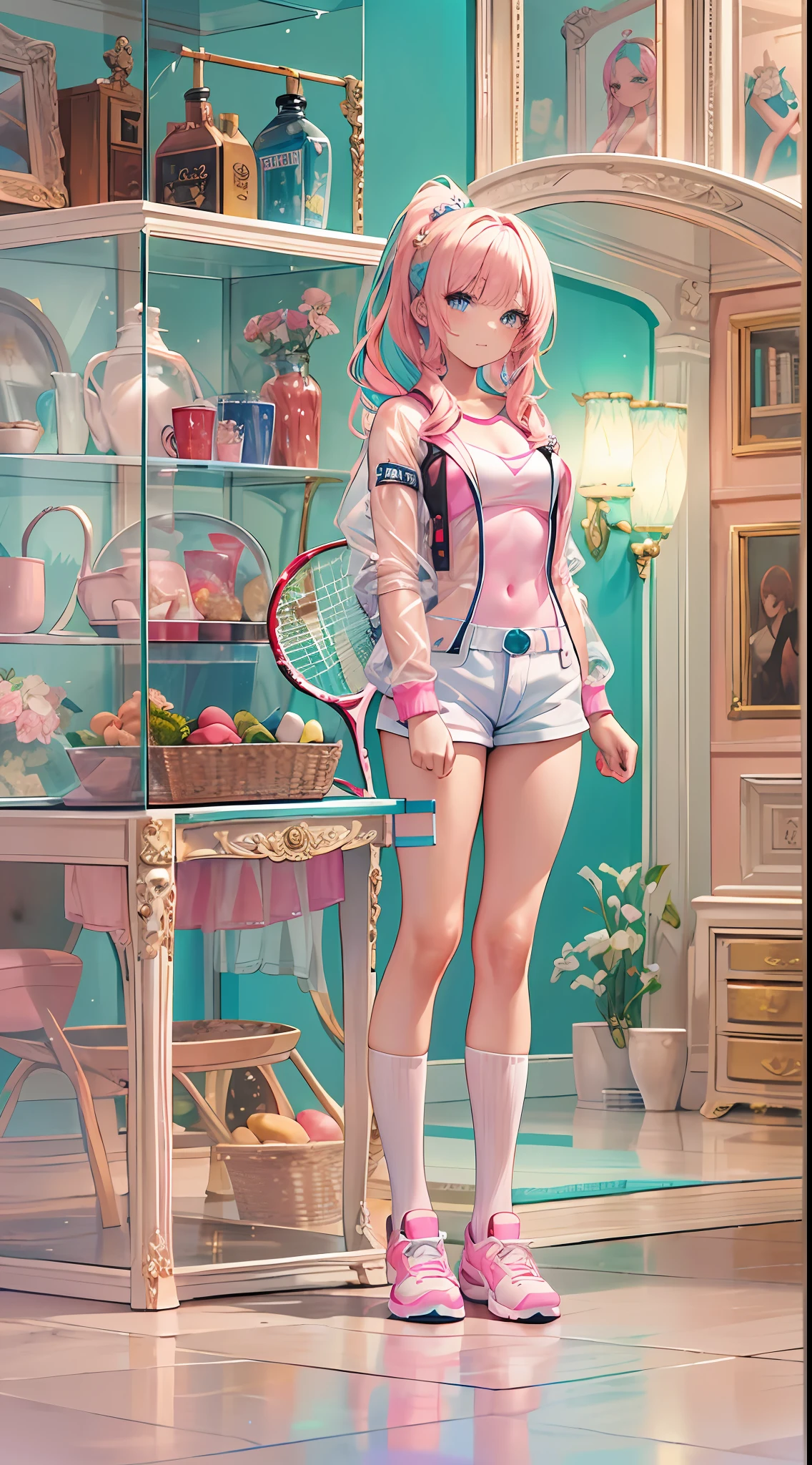 ((Masterpiece)), best quality, absurderes, ultra detailed, holographic, cowboy shot, dynamic pose, golden ratio, super cute girl, mature girl, Barbie girl, super beautiful girl with very beautiful blue eyes, beautiful glowing blonde multicolored hair, high ponytail, nice and sexy body, slim body, perfect body, wearing a super tight and pink leotard, a super aesthetic pink translucent mini jacket, beautiful pink hair ornament, pink jordan tennis, being photographed in a doll house