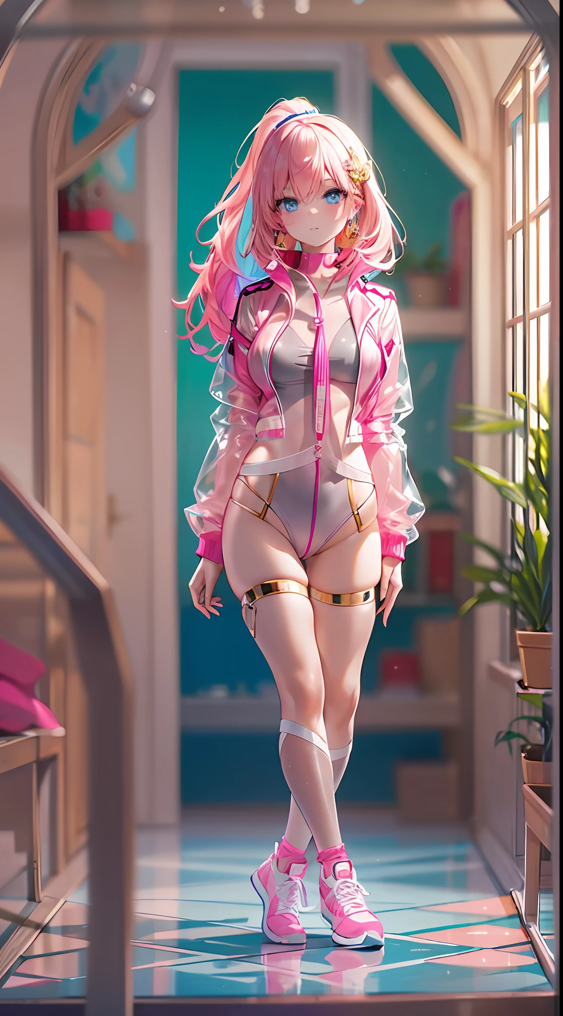 ((Masterpiece)), best quality, absurderes, ultra detailed, holographic, cowboy shot, dynamic pose, golden ratio, super cute girl, mature girl, Barbie girl, super beautiful girl with very beautiful blue eyes, beautiful glowing blonde multicolored hair, high ponytail, nice and sexy body, slim body, perfect body, wearing a super tight and pink leotard, a super aesthetic pink translucent mini jacket, beautiful pink hair ornament, pink jordan tennis, being photographed in a doll house