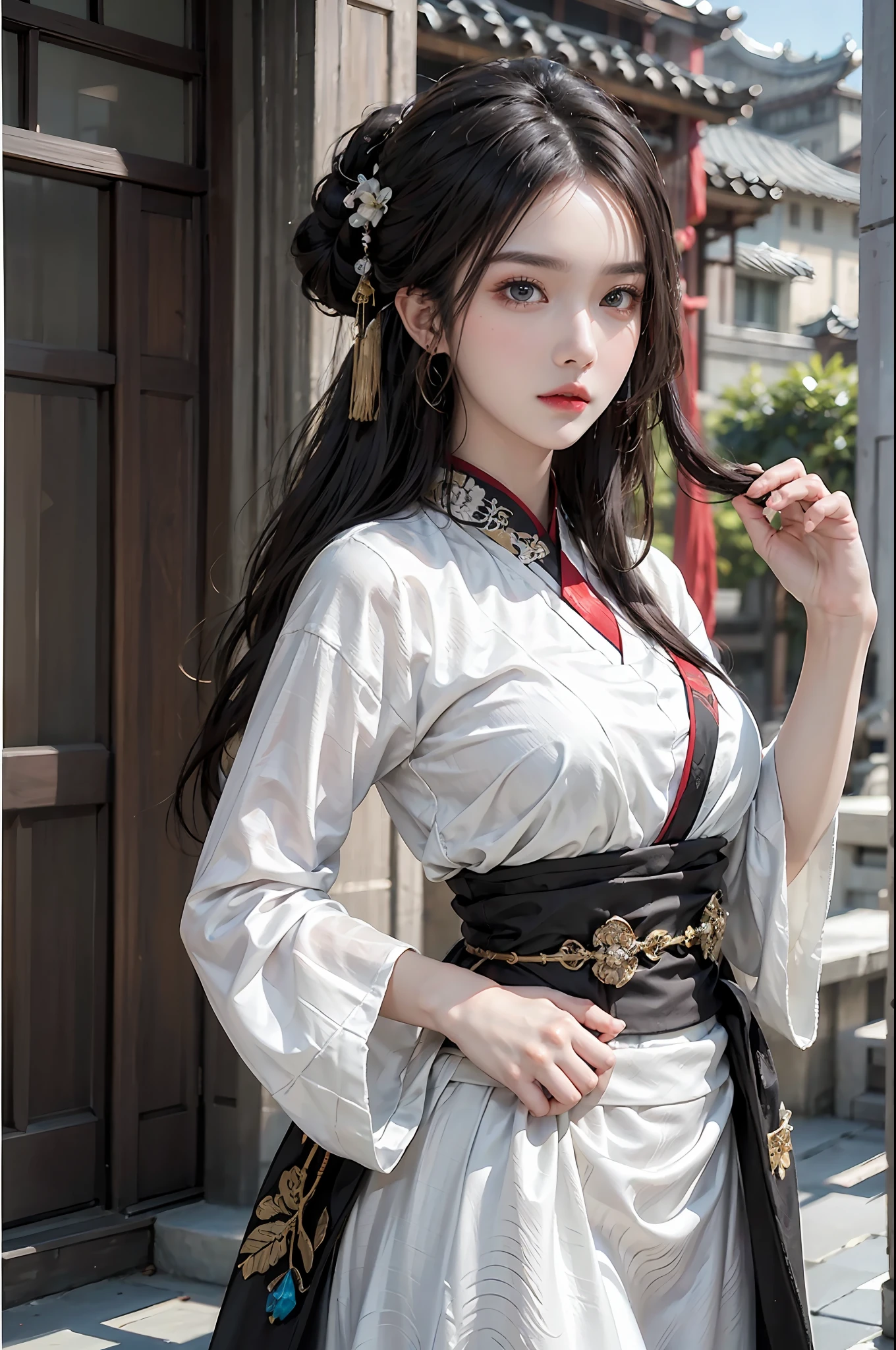 photorealistic, high resolution, 1 girl, hips up, beautiful eyes, light black hair,long hair, intricate brocade hanfu, gorgeous accessories, wearing pearl earrings, corlorful clothes, Chinese architecture