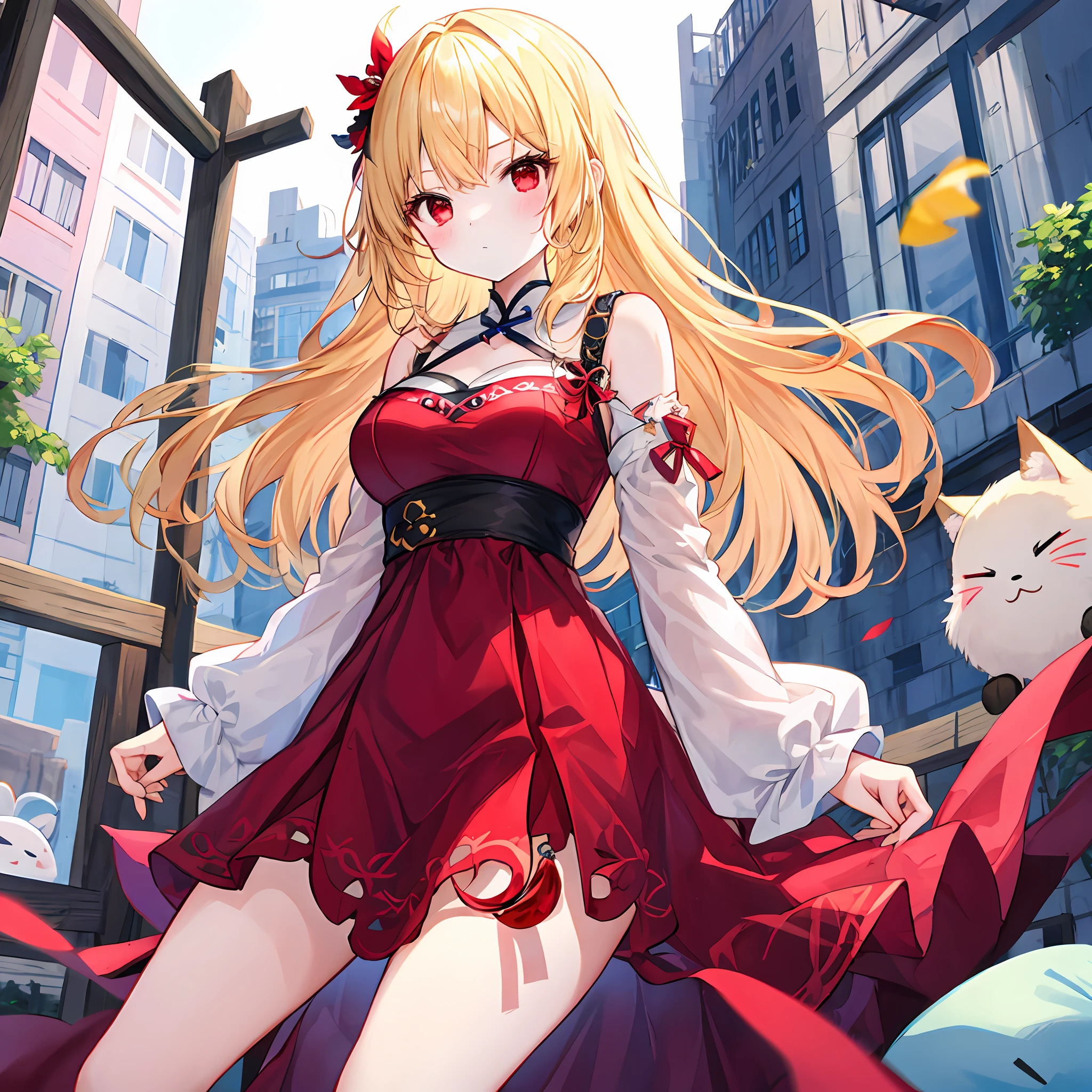 hair wavy、One blonde girl、独奏、red eyes、sexy dress、lonely