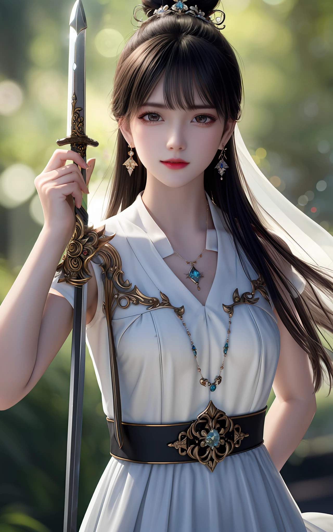 best quality,masterpiece,highres,cg,
1girl,weapon,sword,long hair,dress,water,solo,jewelry,white dress,earrings,hair ornament,splashing,upper body,hair bun,black hair,
lighting,candid,Photograph,high resolution,4k,8k,Bokeh,