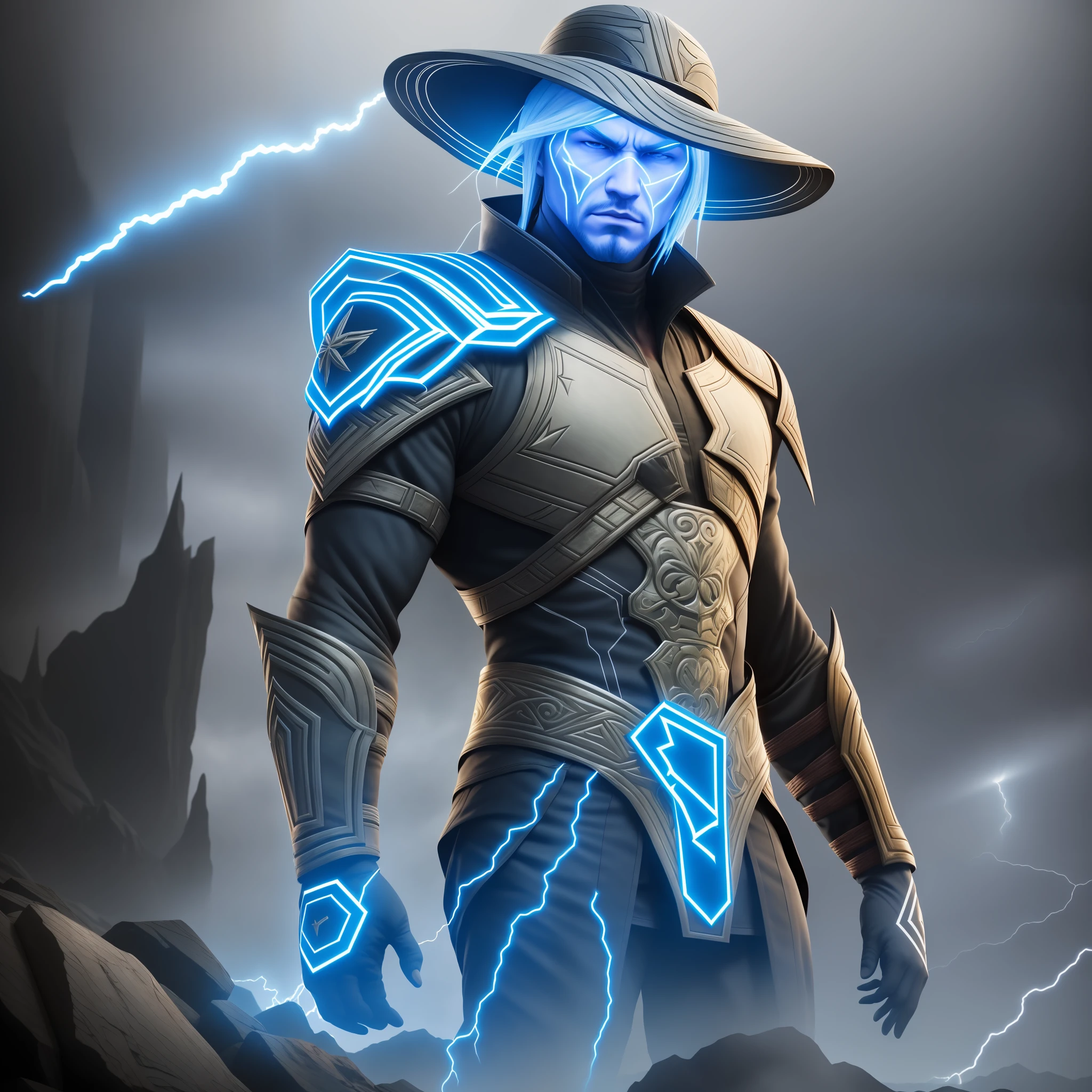 mkraiden, Raiden, cinematic, hyperrealistic, photo, skin detailed, hdr, cinematography, god of lightning, wearing a rice hat, mortal Kombat, lightning powers, long white hair