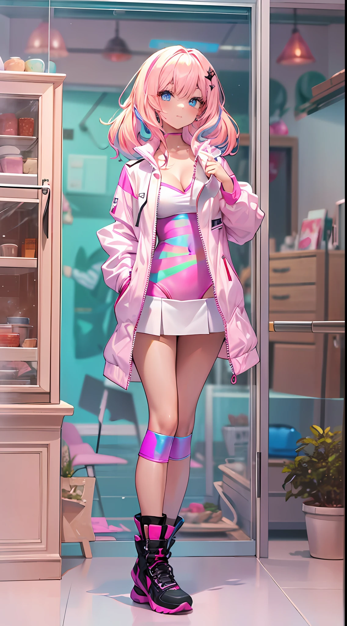((Masterpiece)), best quality, absurderes, ultra detailed, holographic, cowboy shot, dynamic pose, golden ratio, super cute girl, mature girl, Barbie girl, idol girl, super beautiful girl with very beautiful blue eyes, beautiful glowing blonde multicolored hair, high ponytail, nice and sexy body, slim body, perfect body, wearing a super tight and pink leotard, a super aesthetic pink translucent mini jacket, beautiful pink hair ornament, pink jordan tennis, being photographed in a doll house